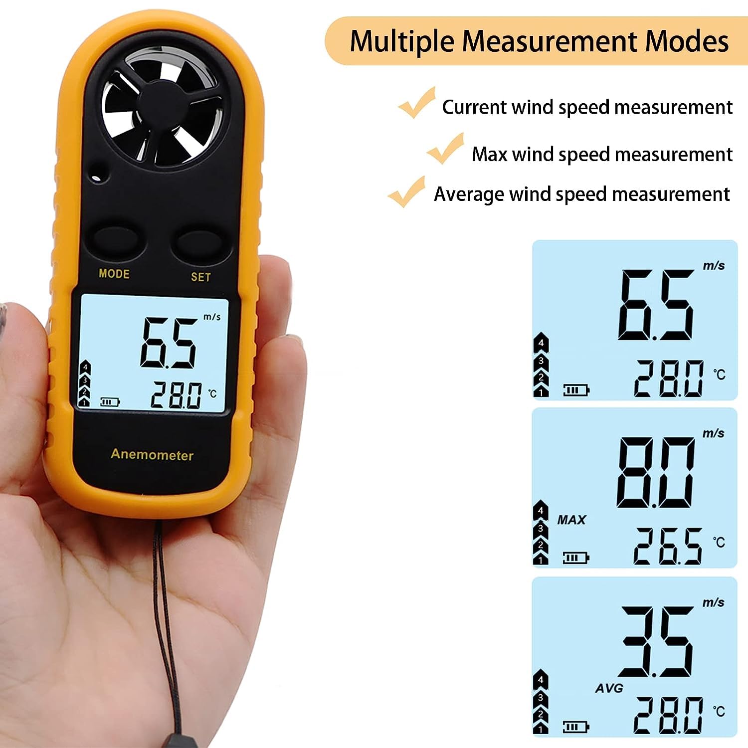 Anemometro Portatile, Anemometro Digitale Precisione +/-5%/2°C, Misuratore Digitale di Velocità del Vento con Display LCD, Velocità Flusso Aria Termometro per Esterni/HAVC/Droni/Caccia/Pesca