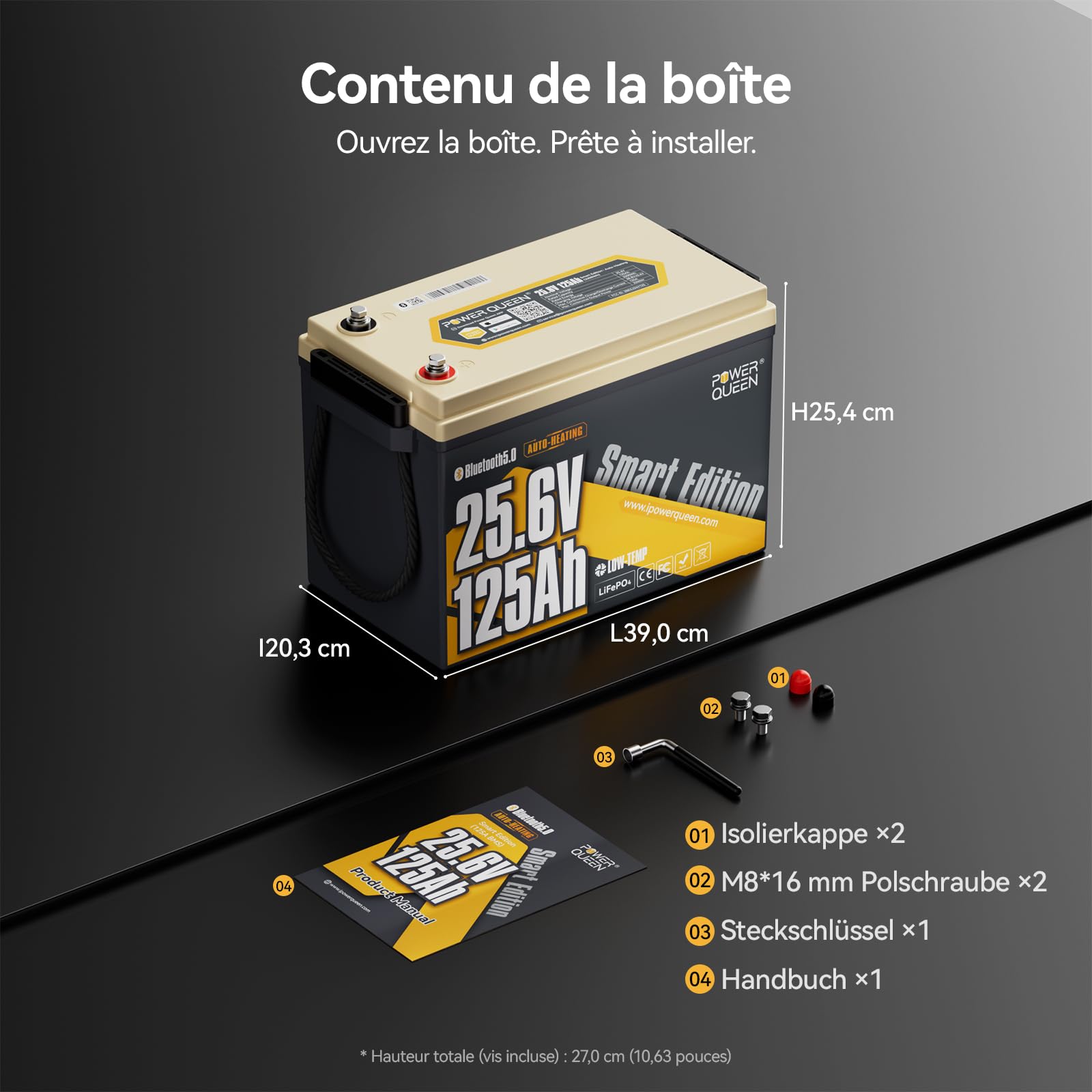 Power Queen 25.6V 125Ah Batterie Lithium Bluetooth Auto-Chauffage, BMS 125A 3200Wh Énergie Batterie LiFePO4, IP67 Étanche 15000+ Cycles Profonds, pour Camping-Car, Caravane, Moteur Électrique Bateau