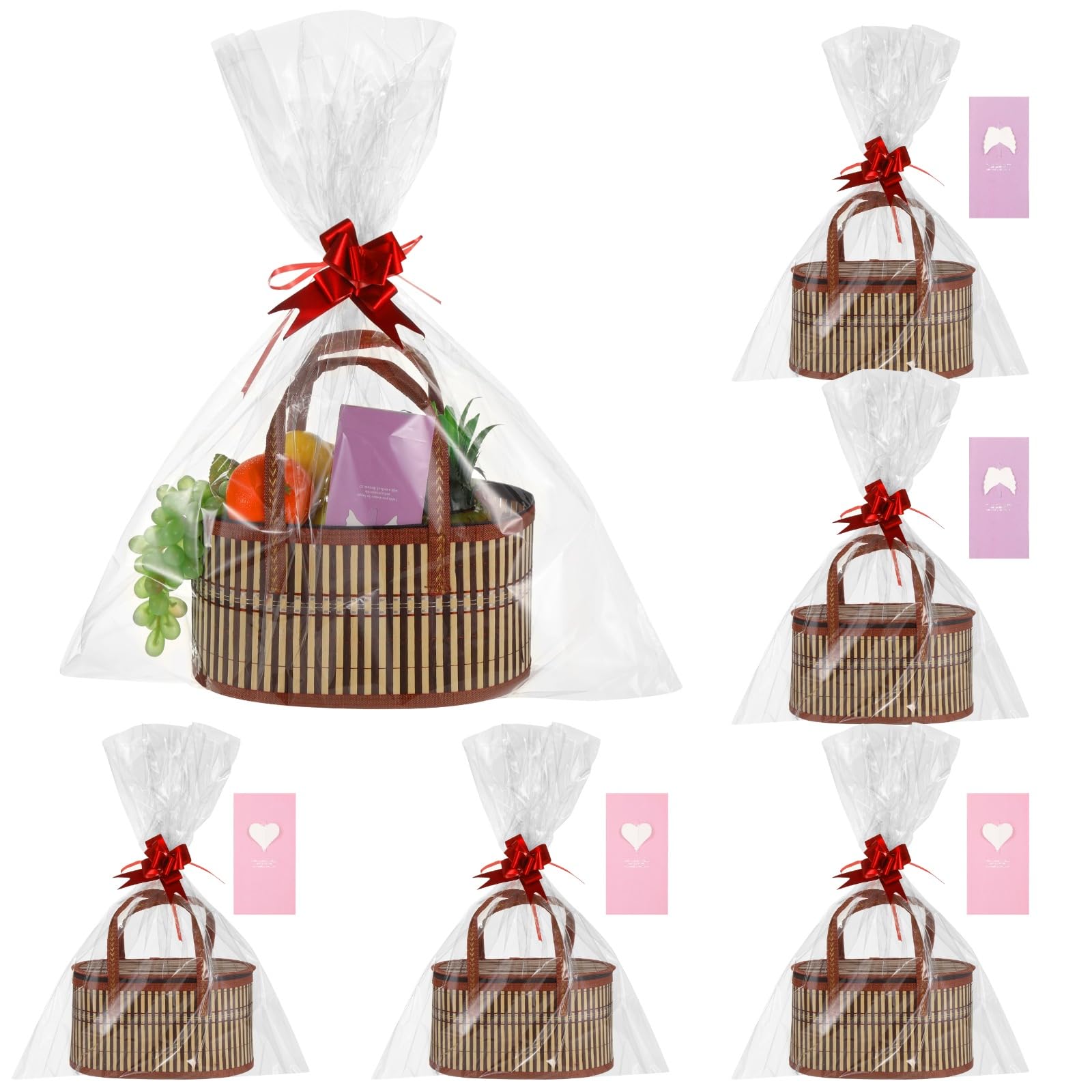 Set di 6 cesti regalo vuoti con manici, grandi cesti portaoggetti in tessuto con sacchetti trasparenti con fiocchi, carte, cesti da imballaggio per Natale, doccia, compleanno, inaugurazione della casa