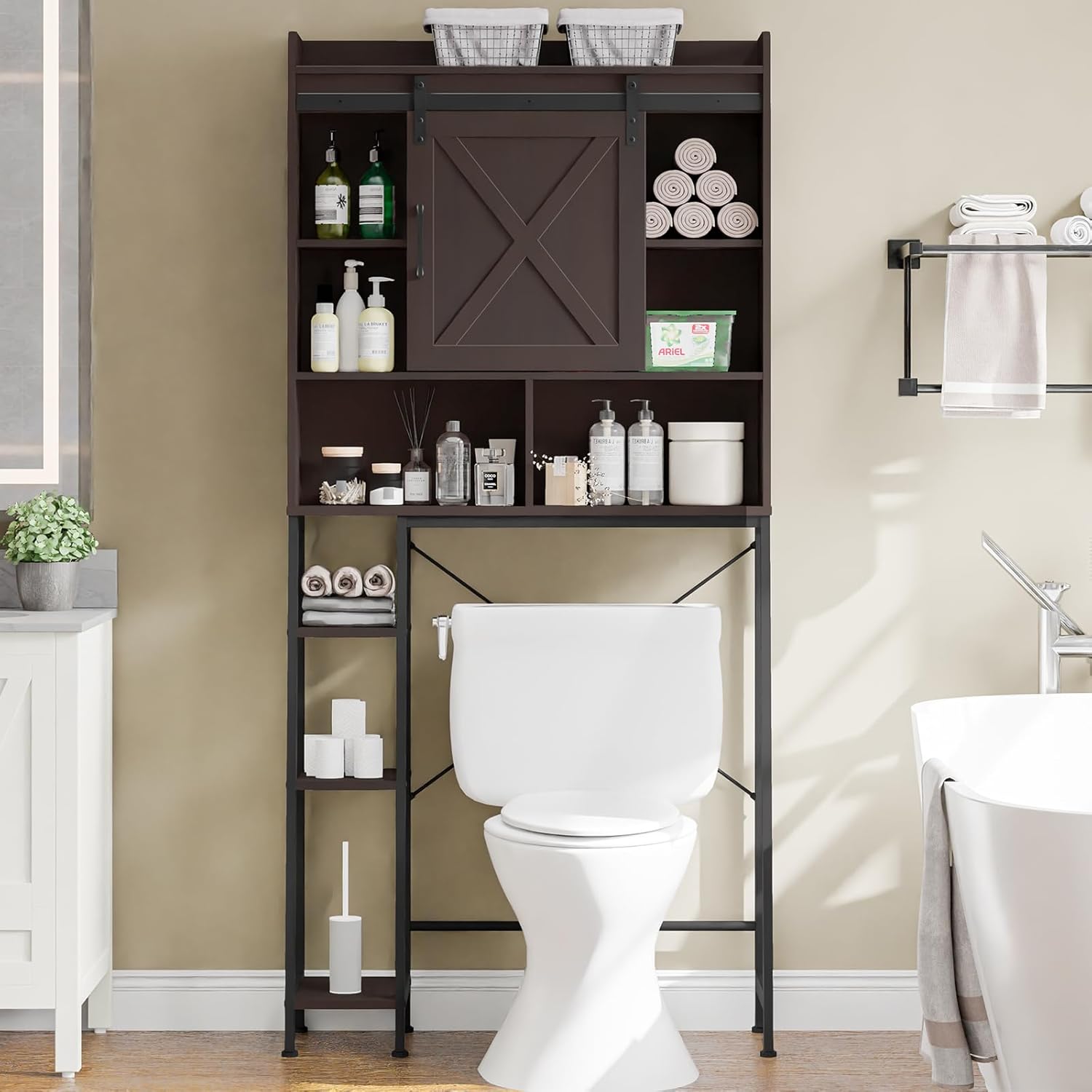 Over The Toilet Storage Cabinet, Farmhouse Storage Cabinet Over Toilet with Sliding Door & Toilet Paper Holder Stand，Home Space-Saving Toilet Rack, for Bathroom, Restroom, Laundry.Espresso