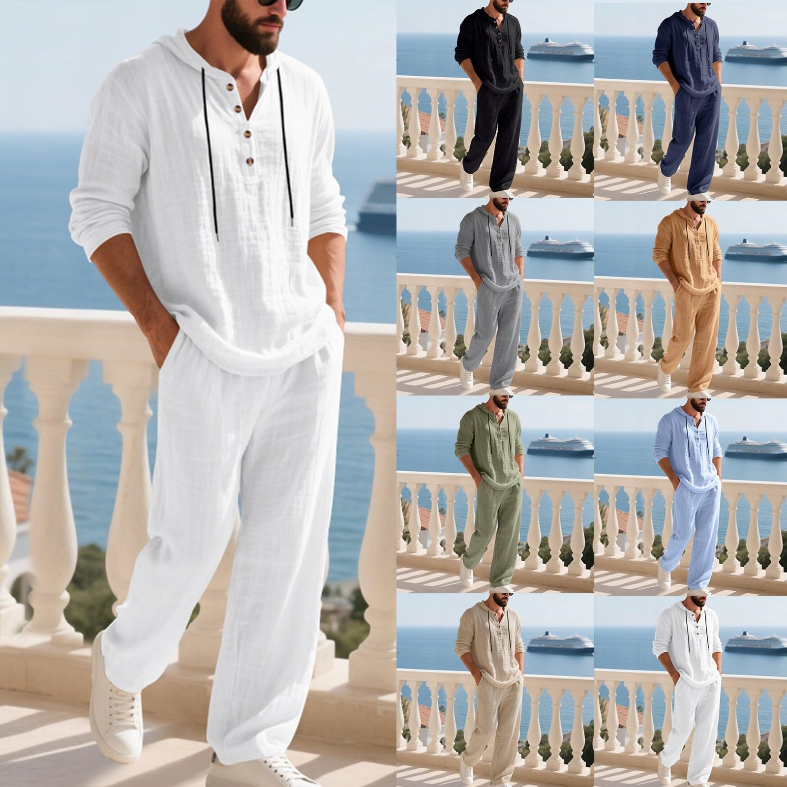 Générique Ensemble 2 Pièces Haut Et Pantalon Ample À Capuche For Hommes Tenue De Costume En Lin Décontractée Avec Cordon De Serrage Tenue Quotidienne ensemble homme chic