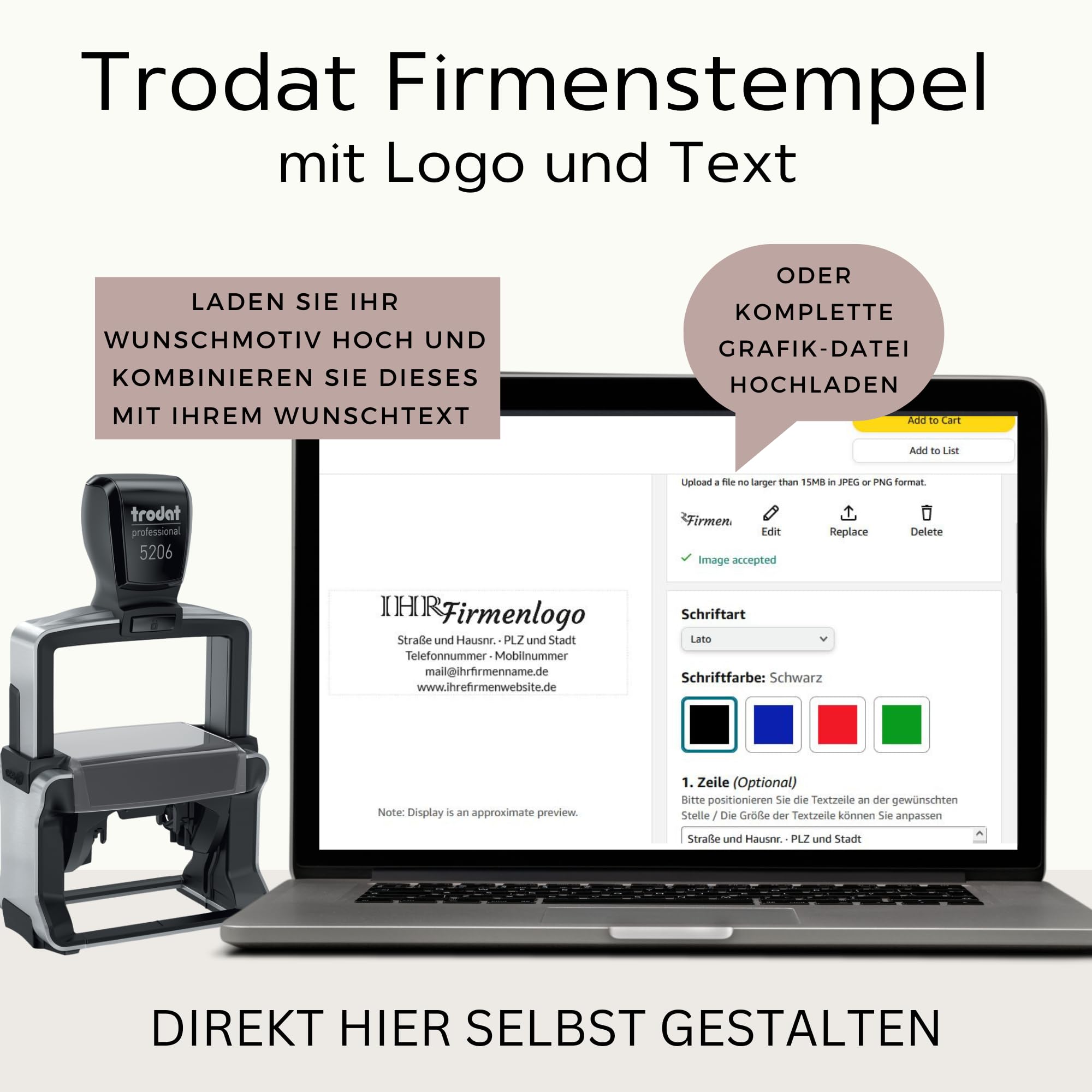 Trodat Firmenstempel mit Logo und Text – Professional 5206 – Personalisierter Stempel zum Bestellen mit bis zu 7 Zeilen, Abdruck 56x33 mm