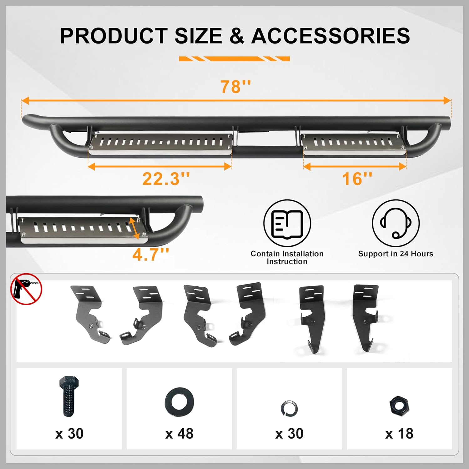 Running Boards Fit for Ford Bronco 4 Doors 2021 2022 2023 2024 2025 Side Steps Carbon Steel Tube Rock Sliders Rails Off Road Nerf Bars DIY Pedal Protector Textured (Exclude Sport Model)