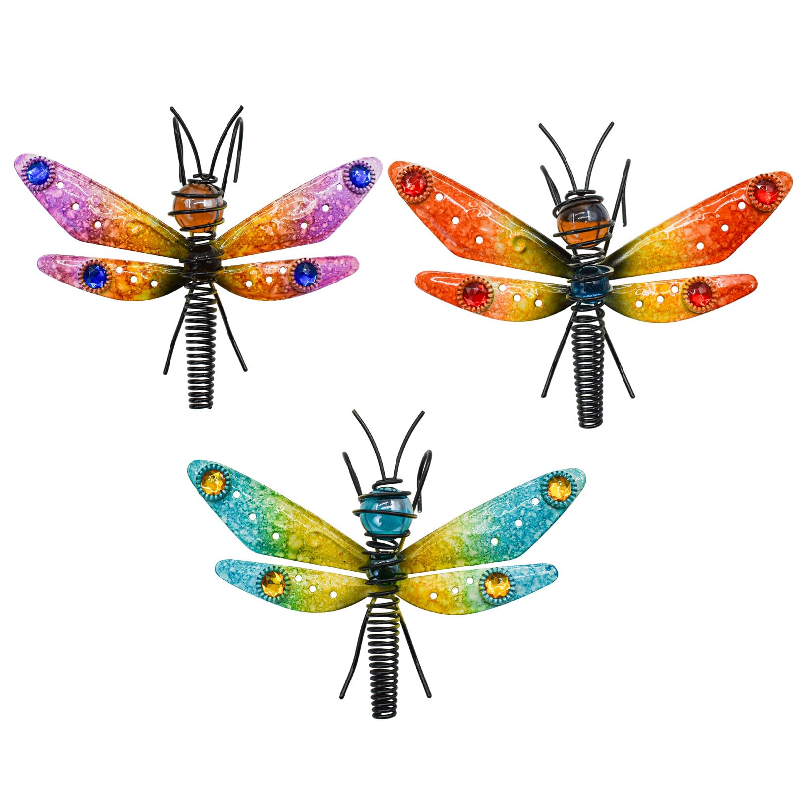 MrMrKura 3pcs Dragonfly Decorations for Flower Pots, Colorful Metal Hanging Dragonfly Ornaments Plant Decorations Pot Huggers for Garden Yard Fence Outdoor Decor (17.5 * 13 * 5cm, 3, Dragonfly)