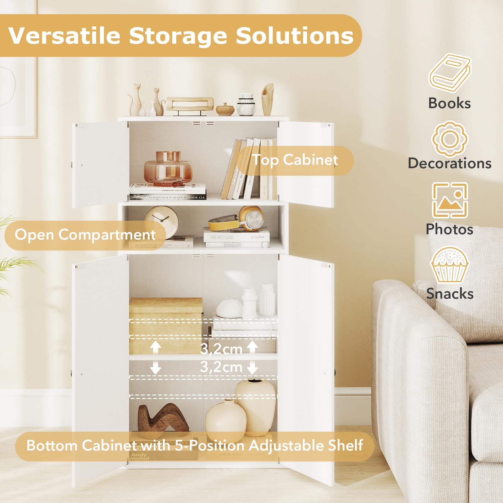 GIANTEX Libreria con 4 ante, mobile da cucina con ripiano regolabile e scomparto aperto, credenza per cucina, soggiorno, sala da pranzo, 54 x 30 x 111 cm (bianco)