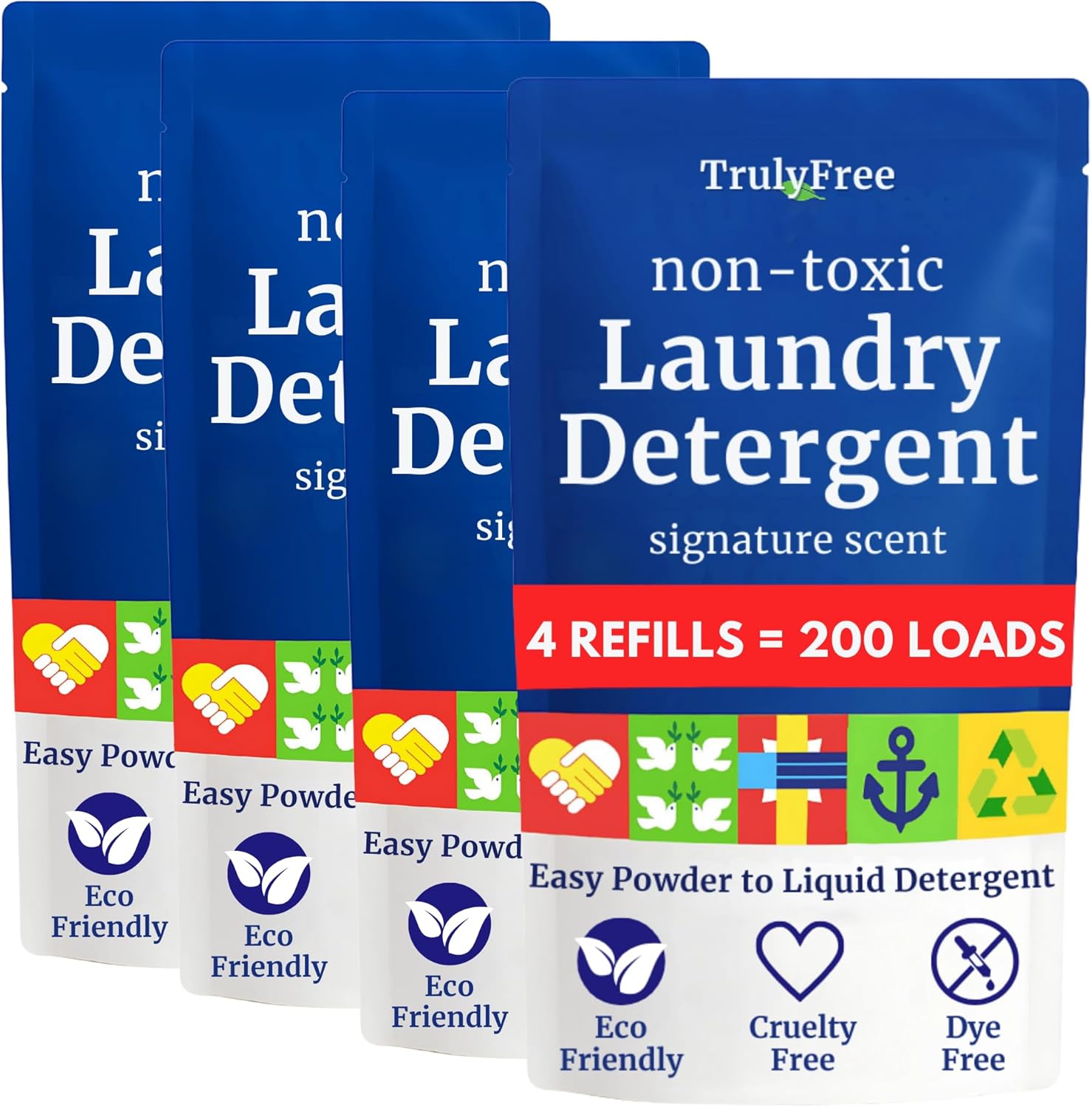 Natural Laundry Detergent for Sensitive Skin | Eco Friendly, Plant Based, Baby Clothes Safe | Clean & Easy Powder to Liquid, 4 Pack Refill Detergent, NO Jug | Signature Scent, 200 Loads