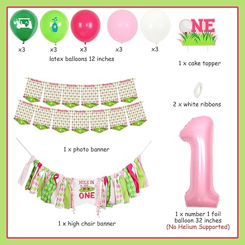 Miniatura 2 de Decoraciones de cumpleaños con agujero en uno para niña, decoración de fiesta de primer cumpleaños de golf rosa y verde, pancarta para silla alta,