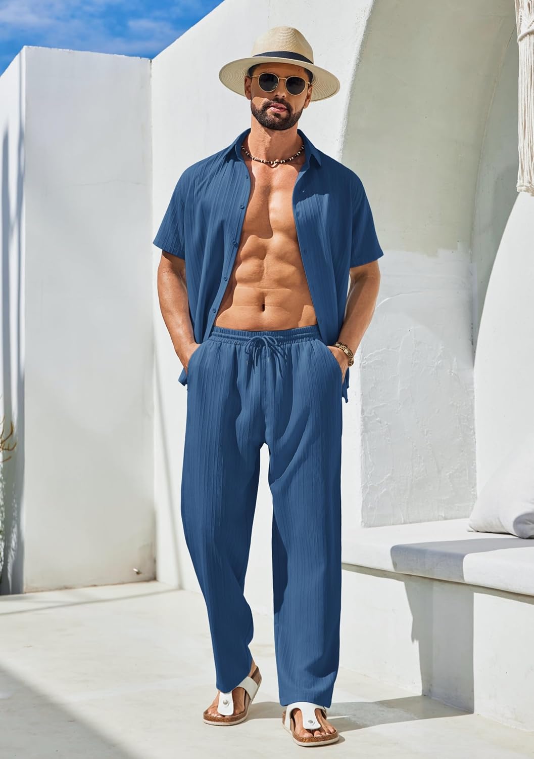 COOFANDY Mens 2 Piece Outfits Casual Summer Beach Textured Button Down Shirt Loose Pants Set - Image 3