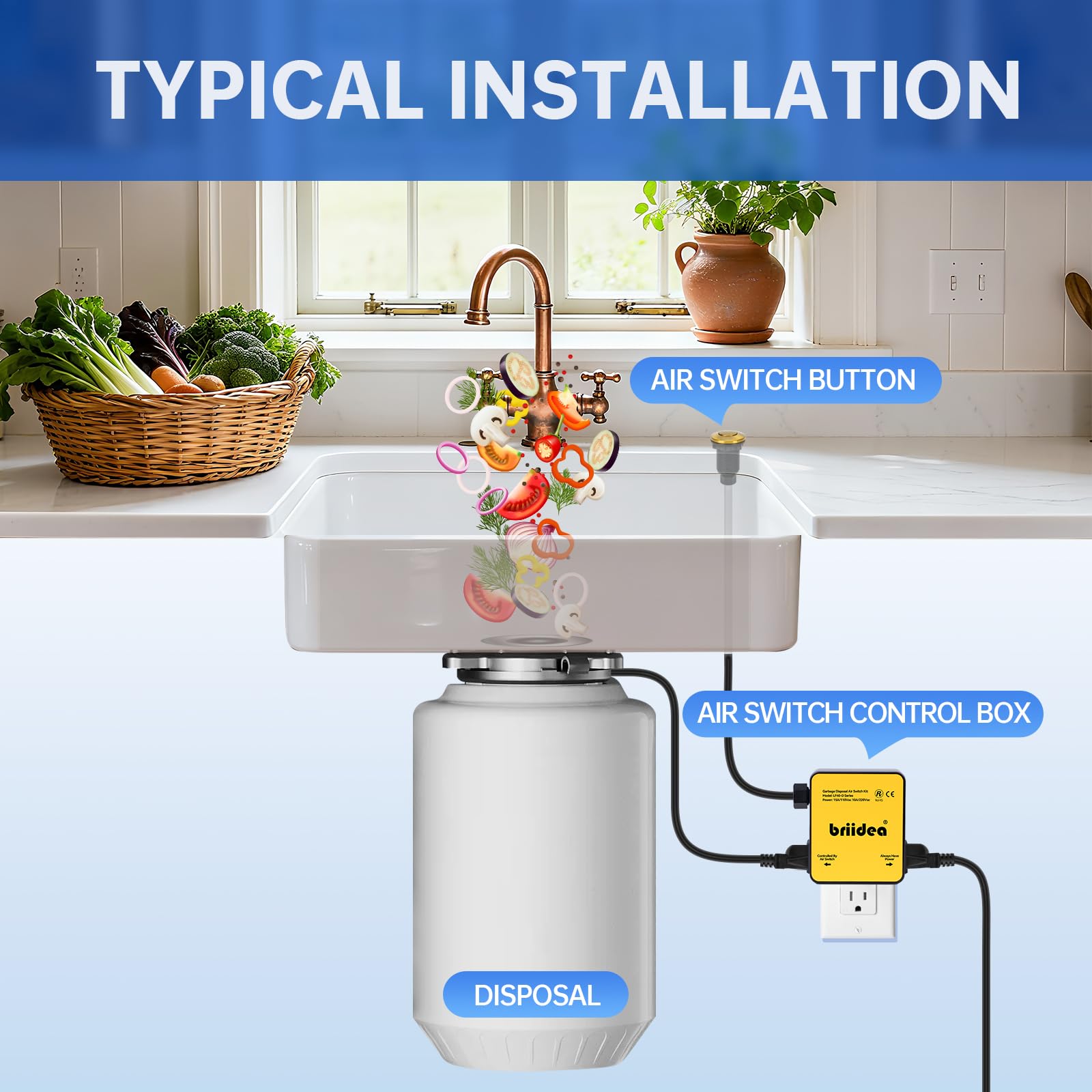 Briidea, kit d'interrupteur d'air à double sortie pour évier en acier inoxydable doré brossé bouton marche/arrêt pour déchets alimentaires et déchets