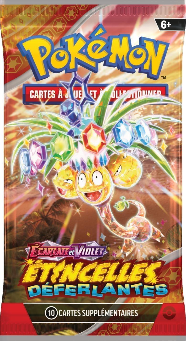 Front view of an Asmodee Pokémon EV08 Booster pack featuring a group of Pokémon with crystals.