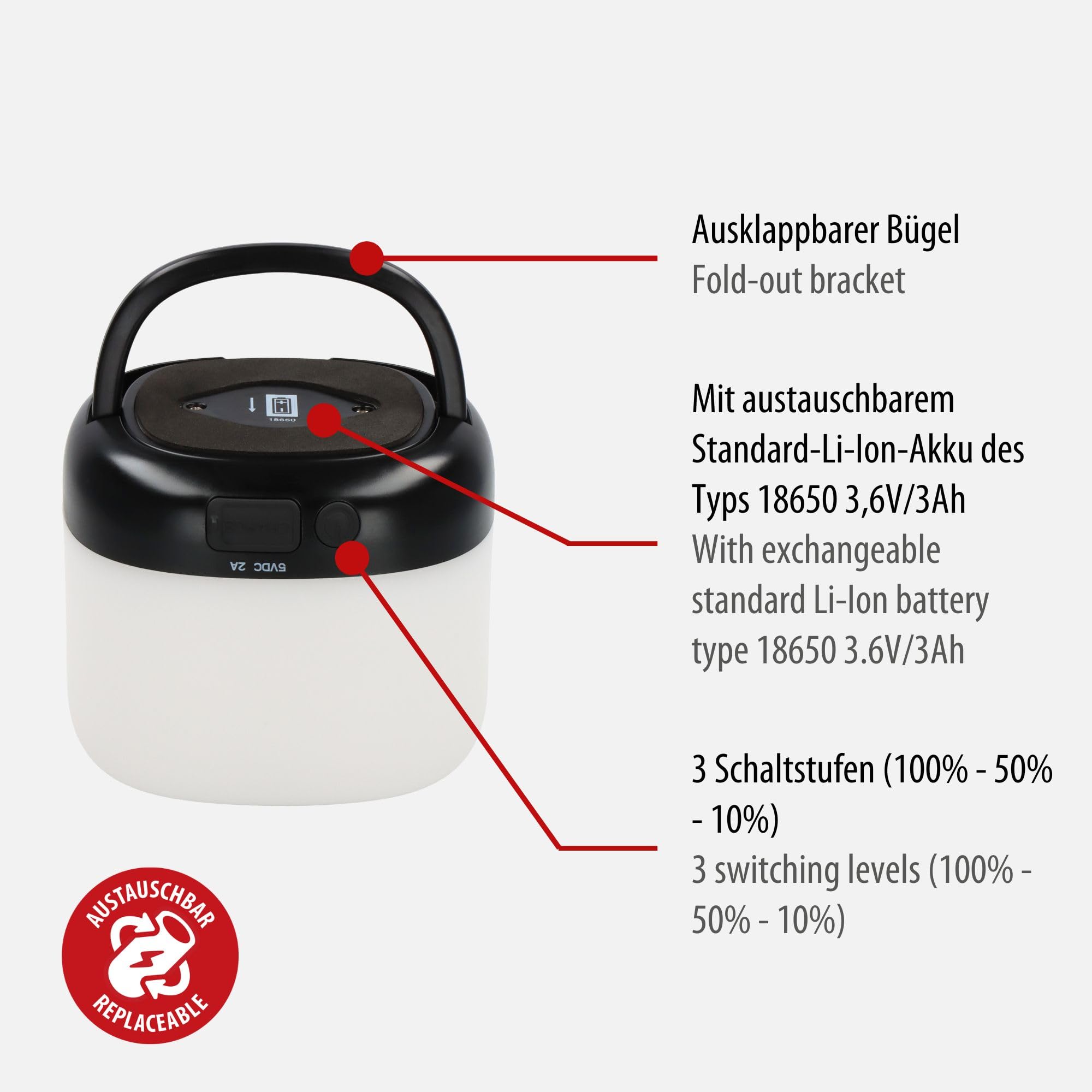 Brennenstuhl ładowalna solarna lampa zewnętrzna LED GL 400 AS (lampa kempingowa IP44 o mocy 400 lm, czas świecenia do 45h, 3 poziomy przełączania, wymienny akumulator 18650, powerbank, kabel USB C)