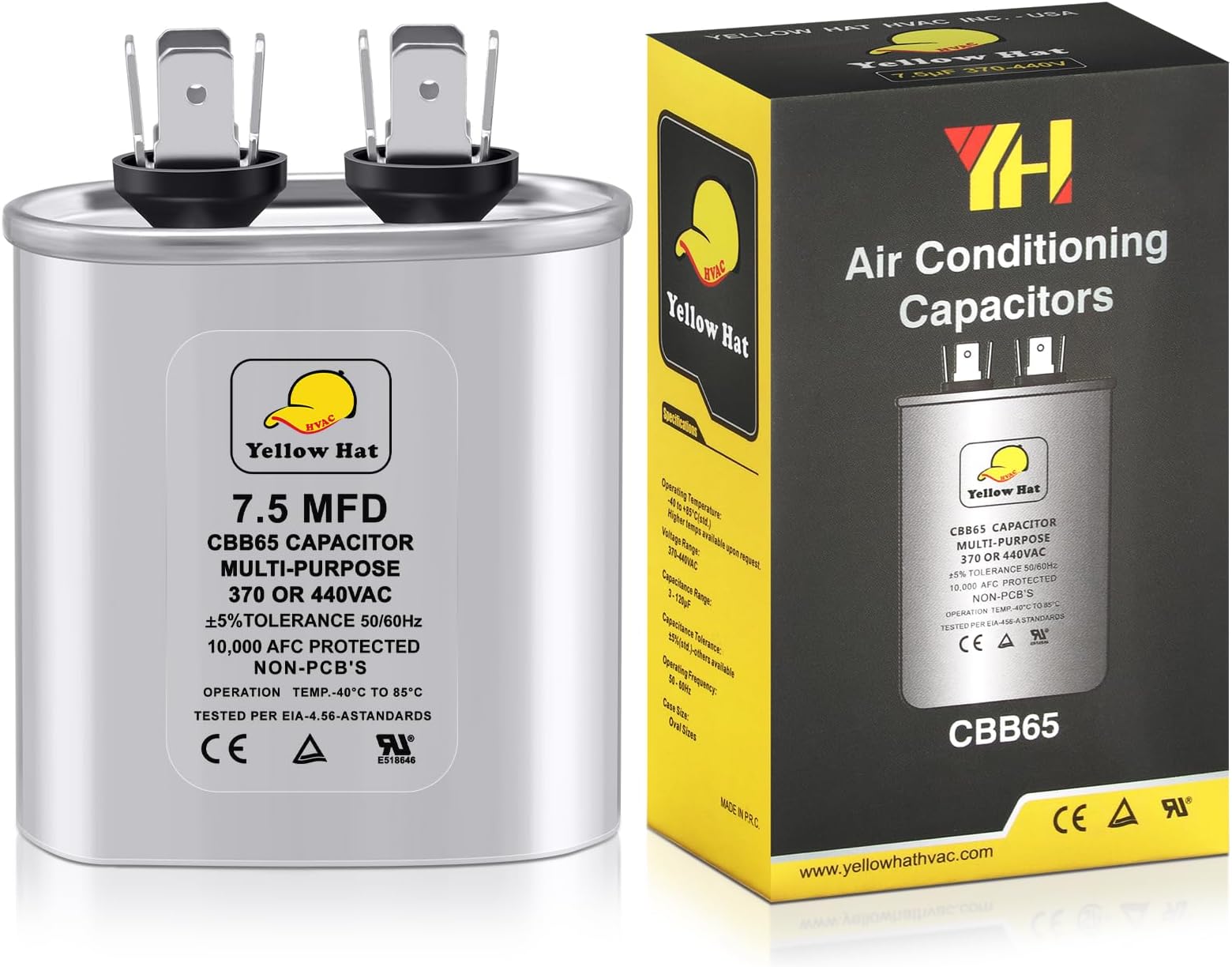 7.5 uF 7.5 MFD ±5% 370V/440V CBB65 Run Oval Capacitor for AC | Multi-Purpose, Universal, for AC Motor Run or Fan Start or Condenser Straight or Heat Pump