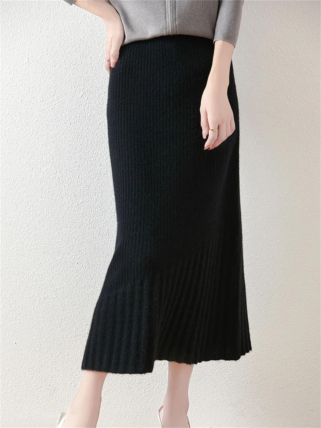 Gonna lunga da donna in lana a coda di pesce, gonna lunga invernale da ufficio in morbido cashmere, gonna sottile in lana a sirena