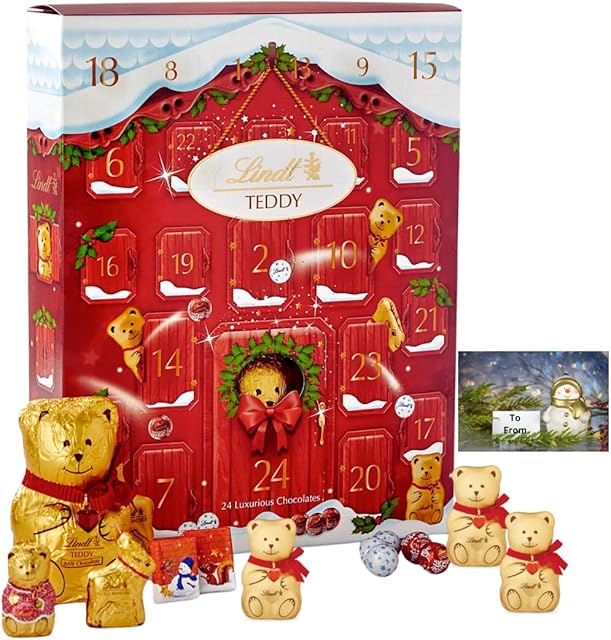 Lindt Advent - Lindt teddy 3d Christmas Advent calendar 2022 - Lindt milk chocolate teddy, Lindt chocolate Reindeer, Lindt Lindor /Milk/Swiss Chocolate Truffles & gift tag 250 g (chocolate advent)