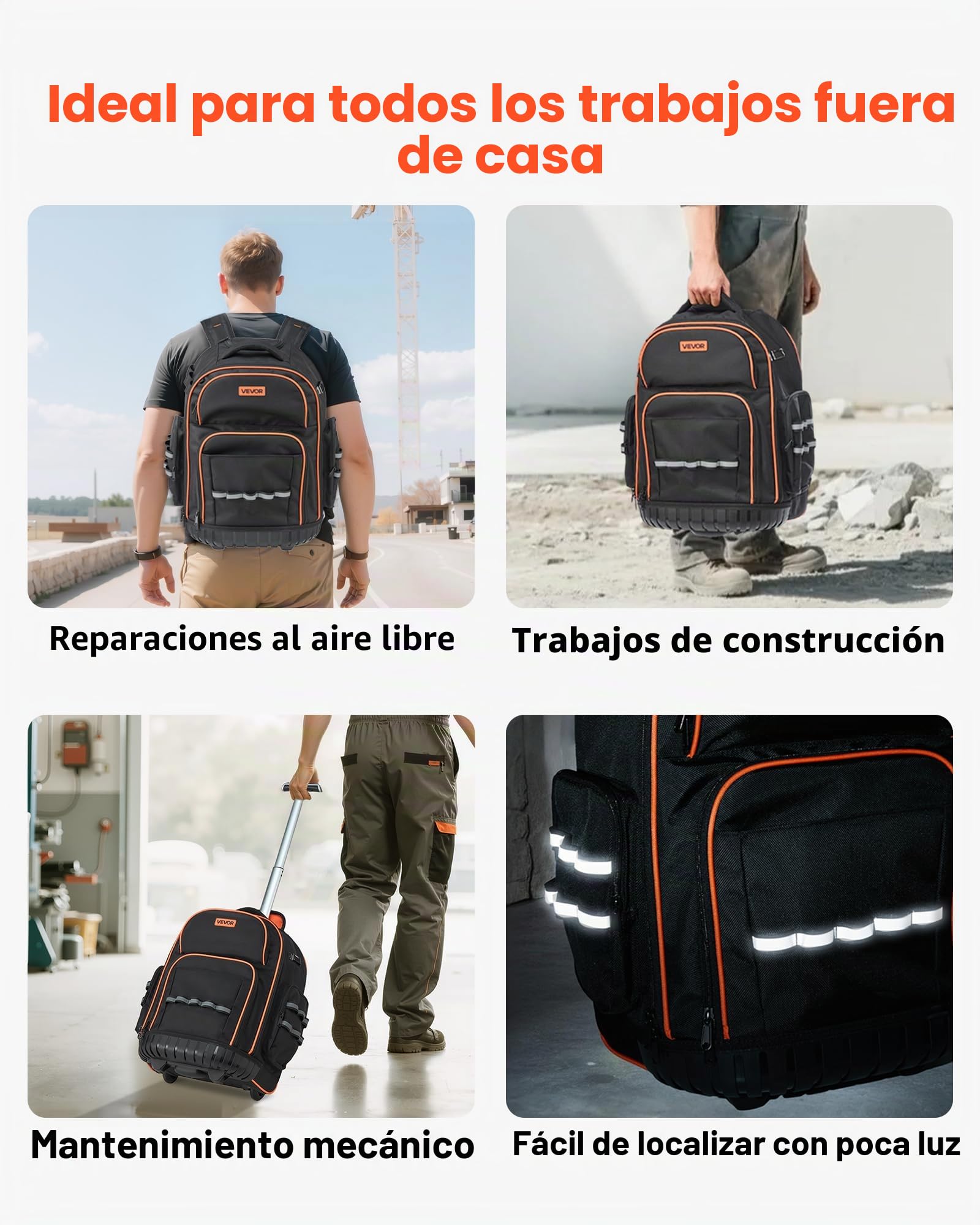 VEVOR Mochila con Ruedas de 440 x 250 x 480 mm Capacidad de Carga de 50 kg Mochila de Herramientas Resistente con 45 Bolsillos, Asa Telescópica Ajustable y Base Estable para Construcción y Mecánico