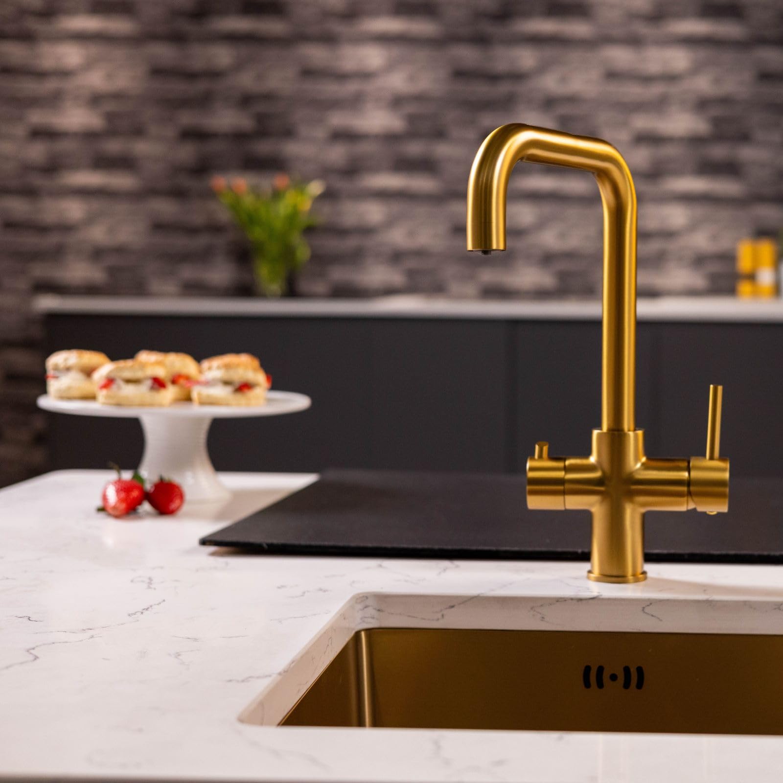 Flode Vier 4 In 1 Instant Boiling Hot & Filtered Cold Water Tap Brushed Gold Finish from B&Q