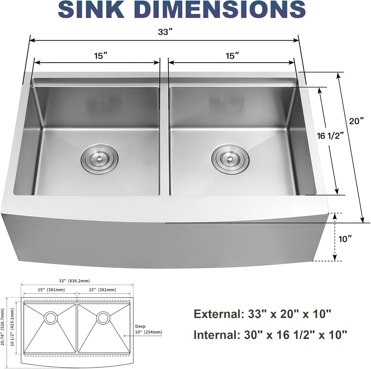33 Inch Farmhouse Sink for Kitchen, 16 Gauge Stainless Steel Farmhouse Sink Undermount Double Bowl, 50/50 Apron Front Farm Sink, 33"x20"x10" Large Deep Kitchen Sink with Accessories