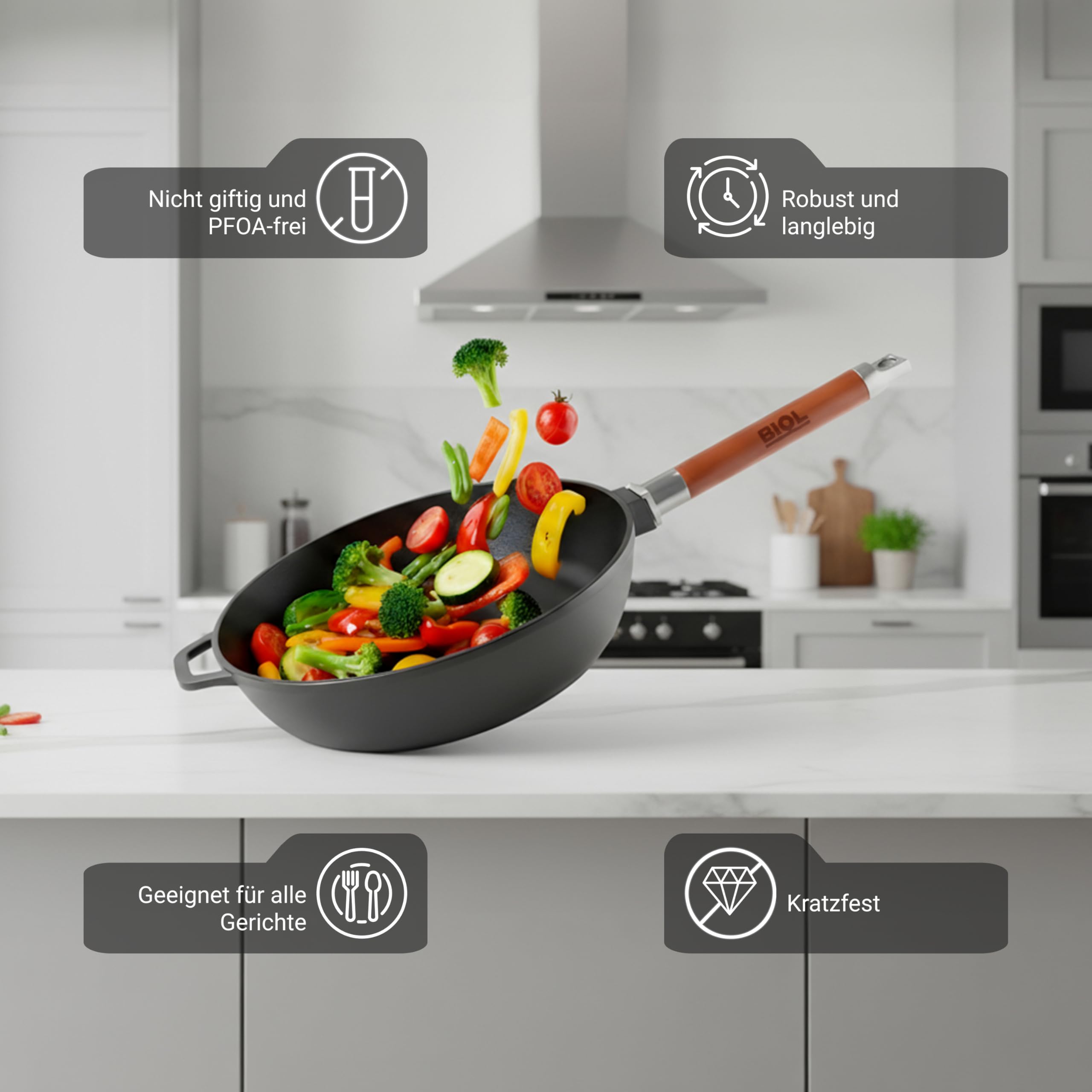 BIOL Sarten Hierro Fundido 28 cm - Sartén Antiadherente para Cocina Inducción, Mango de Madera Desmontable Ergonómico, sin Tapa, Apta para Gas, Vitrocerámica, Horno y Barbacoa, Cocina Saludable | Mango de madera desmontable, sin revestimiento, apto para h