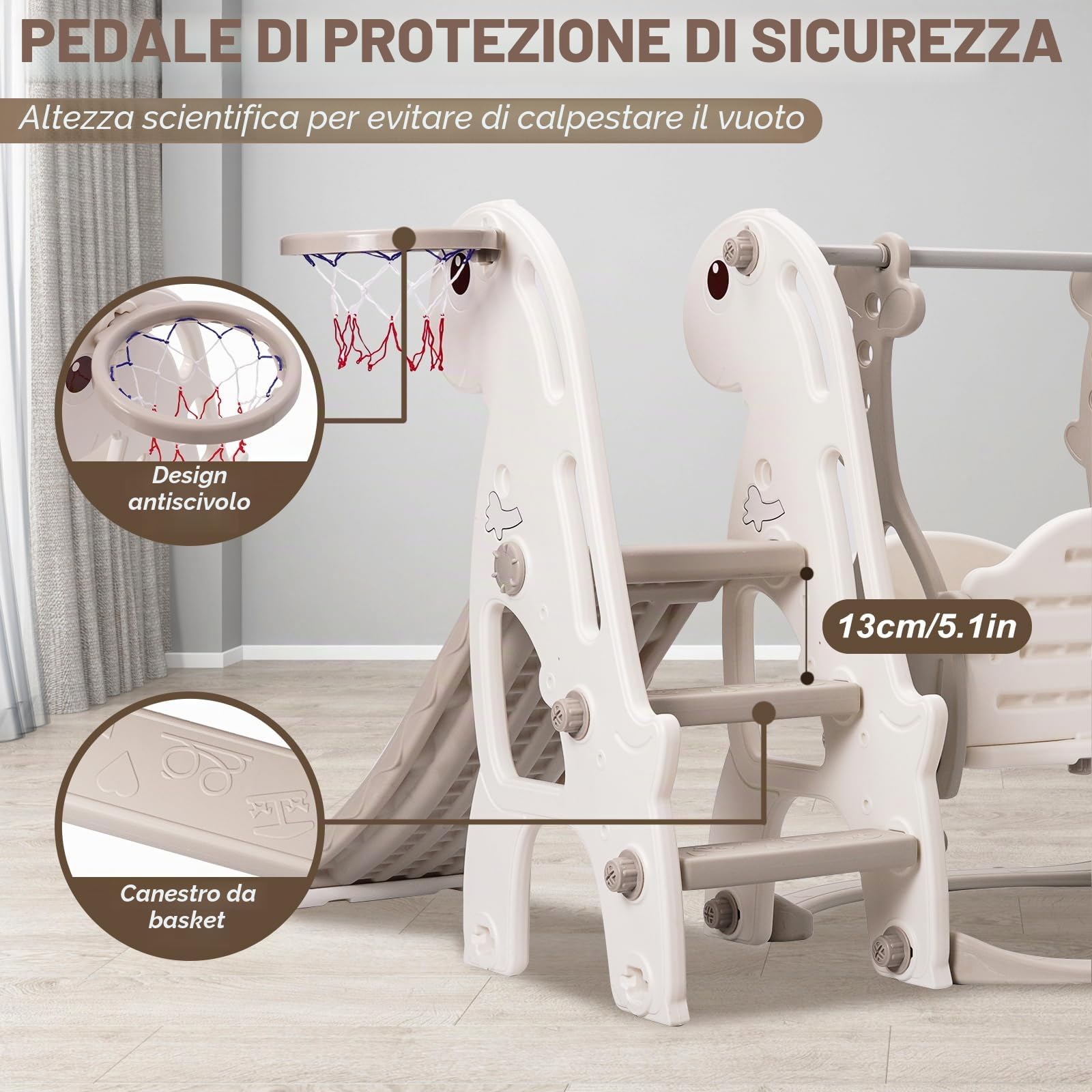 Set di scivoli per bambini piccoli, scivolo per bambini da interno con arrampicata, set di gioco autoportante con canestro da basket e altalena regolabile in altezza (grigio)
