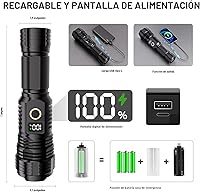 Vista 3 de Linternas recargables de alto lúmenes, 10000 lm LED súper brillante, linternas con zoom con pantalla digital LCD, 5 modos, impermeable, potente