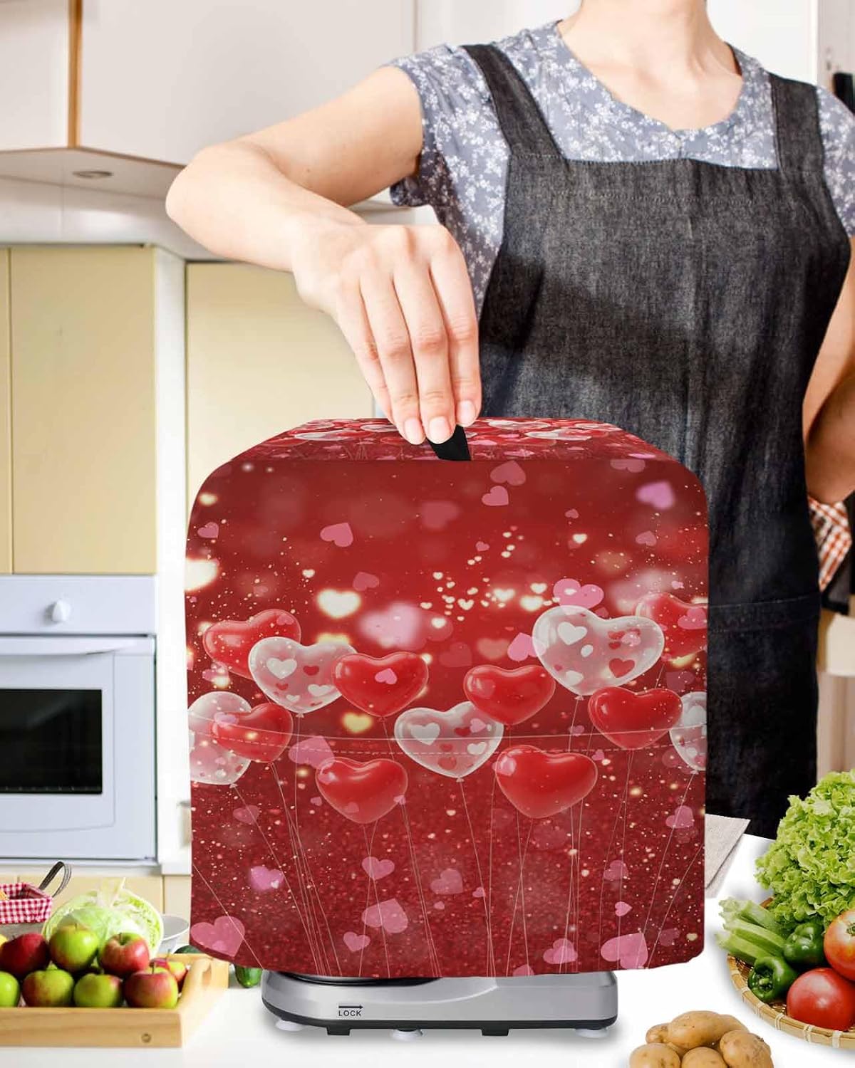 Valentine's Day Stand Mixer Cover with Storage Pocket, Waterproof Kitchen Mixer Covers, Red Love Heart Balloons Fantasy Watercolor Kitchen Appliance Dust Cover Compatible with 5-8 Quart Mixers