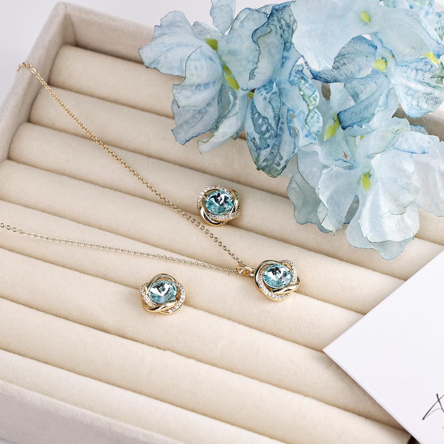 Aquamarine Jewelry Set for Women 14K Gold Plated Blue Necklace and Earrings Set with March Birthstone Floral Edge Design Sparkling for Evening Party and Dance Party - Image 5