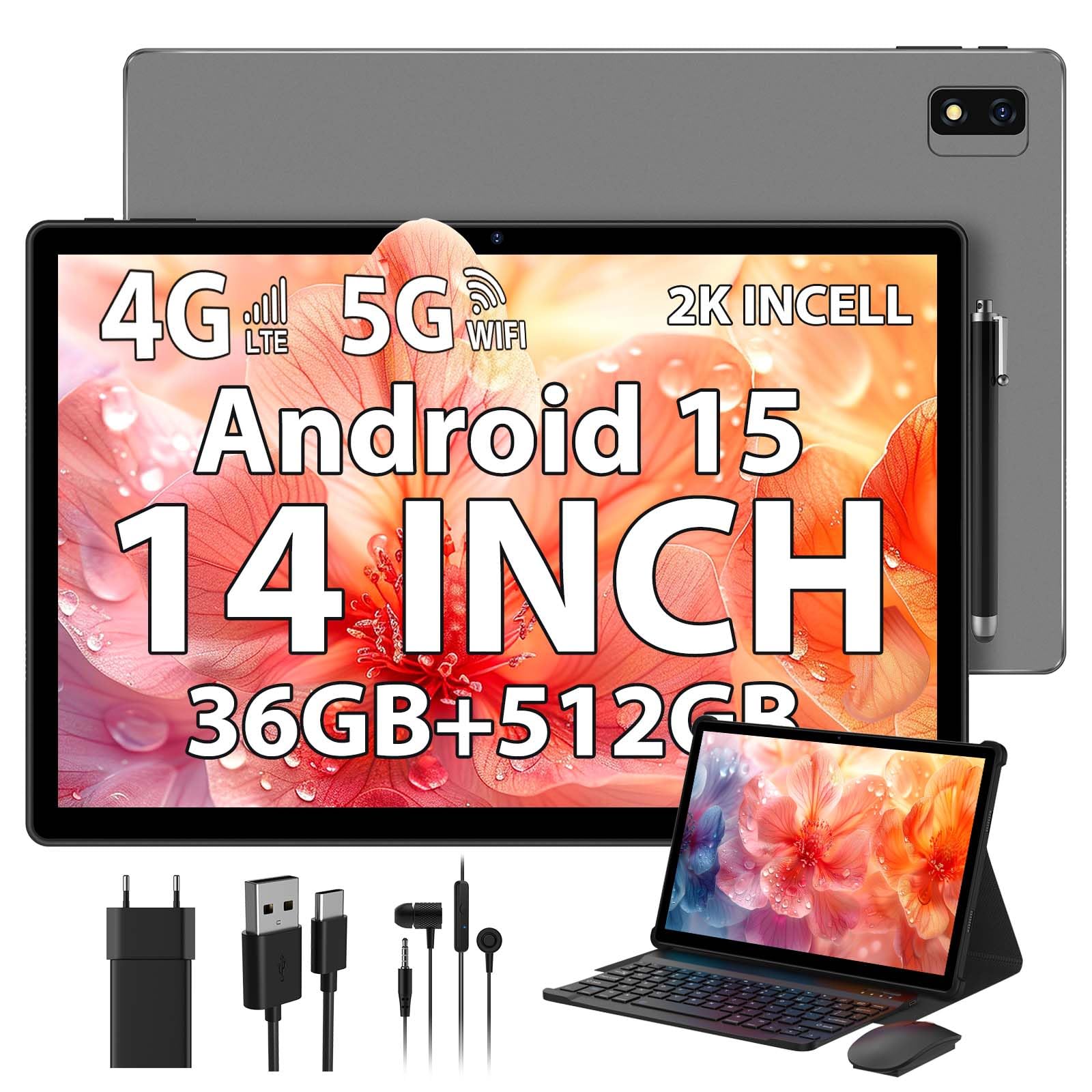 2K Android 15 Tablet 14 Pouces, 36GB RAM, 512GB ROM (2TB Expansion), 4G SIM LTE & 5G WiFi, 2000 * 1200FHD, 11580mAh, Octa-Core, 13MP+8MP, Tablette avec Clavier/GPS/Bluet 5.0 (Gris)
