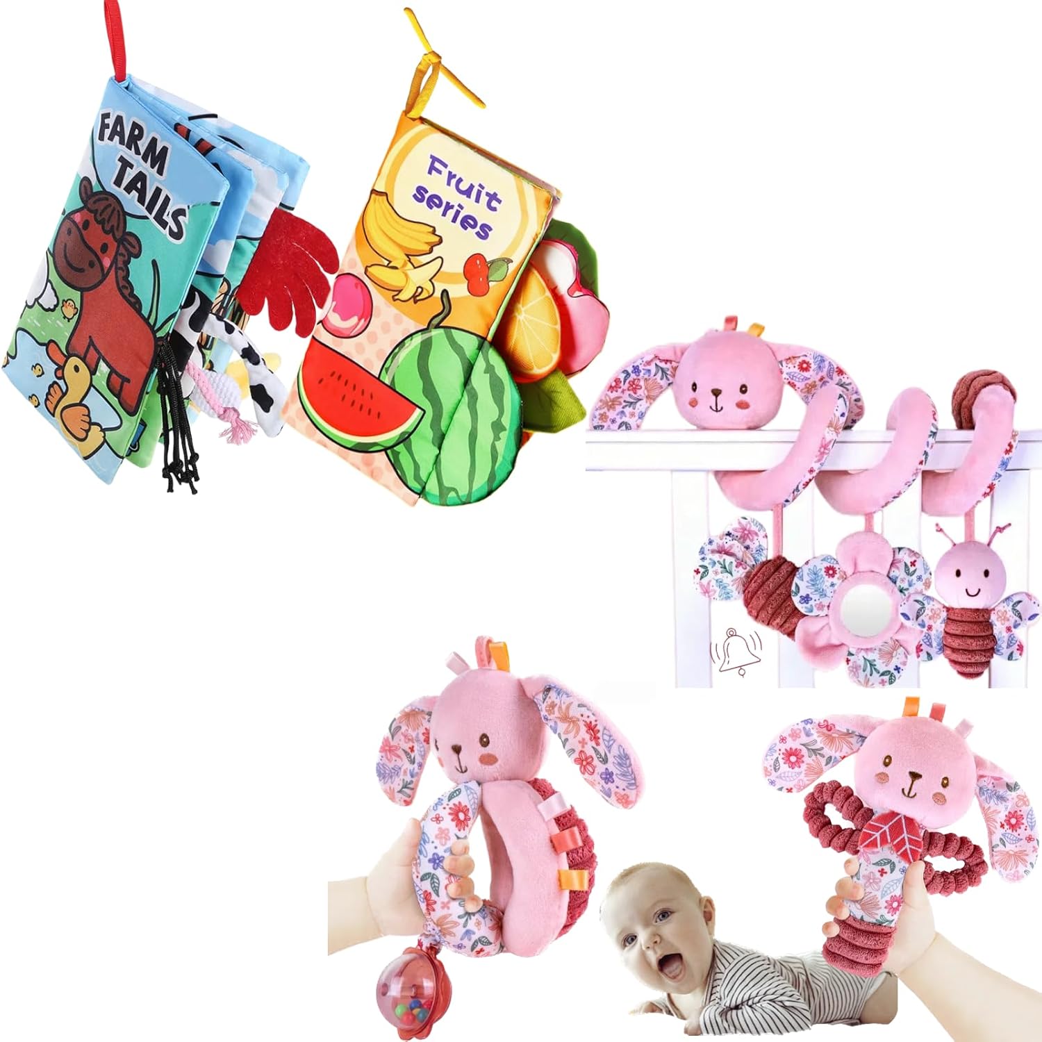 Baby Books 0-6 to 12 Months Infant Cloth Toy, Tummy Time Toys for Infants 2PCS and Spiral Car Seat Toys for Babies 0-6 Months Girl Boy, Stroller Hanging Rattle Newborn Shower Gifts Bunny 3PCS