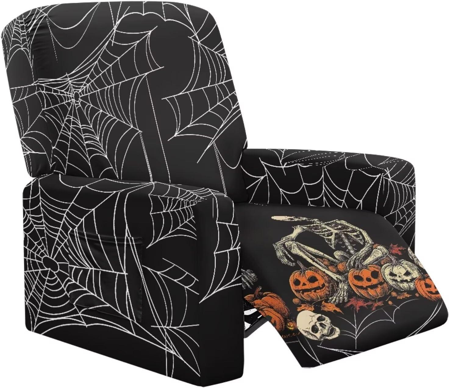 Halloween Recliner Couch Covers Skeleton Spider Web Pumpkin Furniture Protector Covers for Pet Stretch Comfy Recliner Chair Cover with Storage Pockets and Elastic Straps