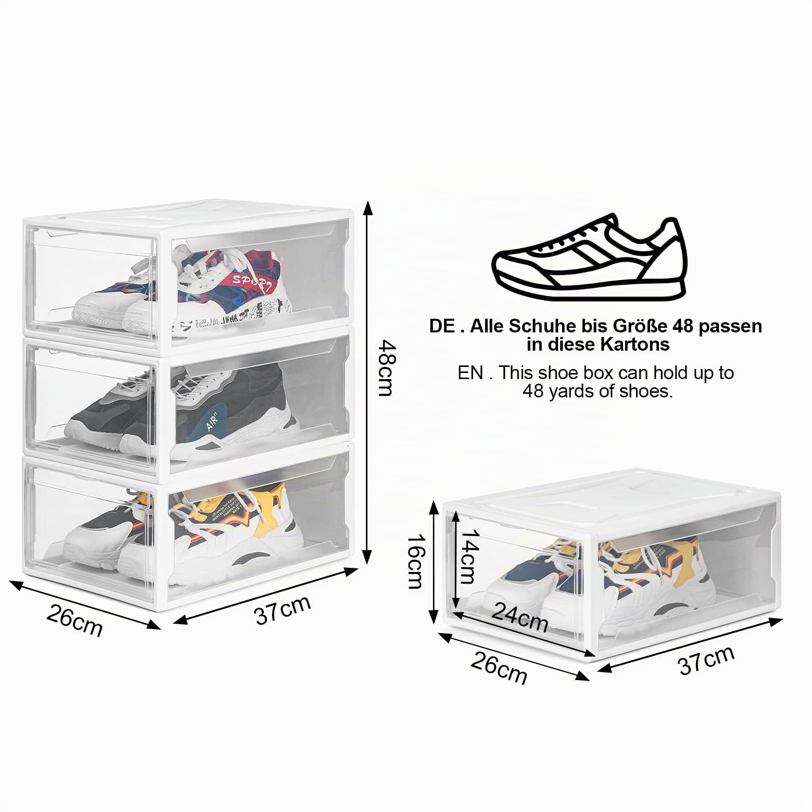 YORBAY Cajas de Zapatos apilable,Juego de 3, Transparente Ahorro de Espacio Rígida hasta la Talla 48 reutilizable