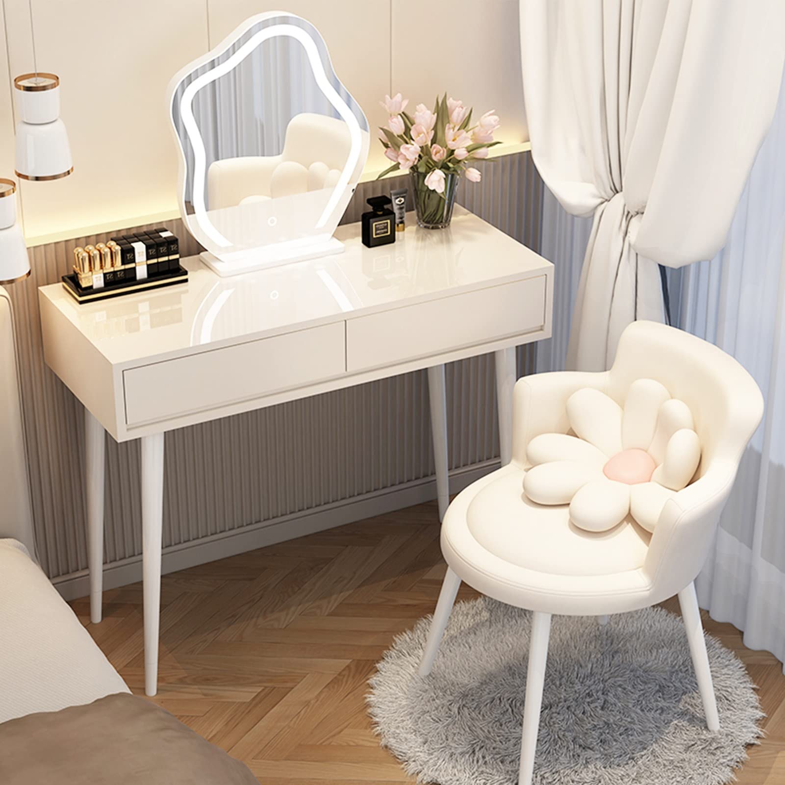asdchZen Elegant Makeup Vanity Table With Led Lights Mirror & Upholstered Stool, White/Grey Dressing Table For Bedroom, Large Drawers, 100Cm/39.3In,White B-100cm/39.3in