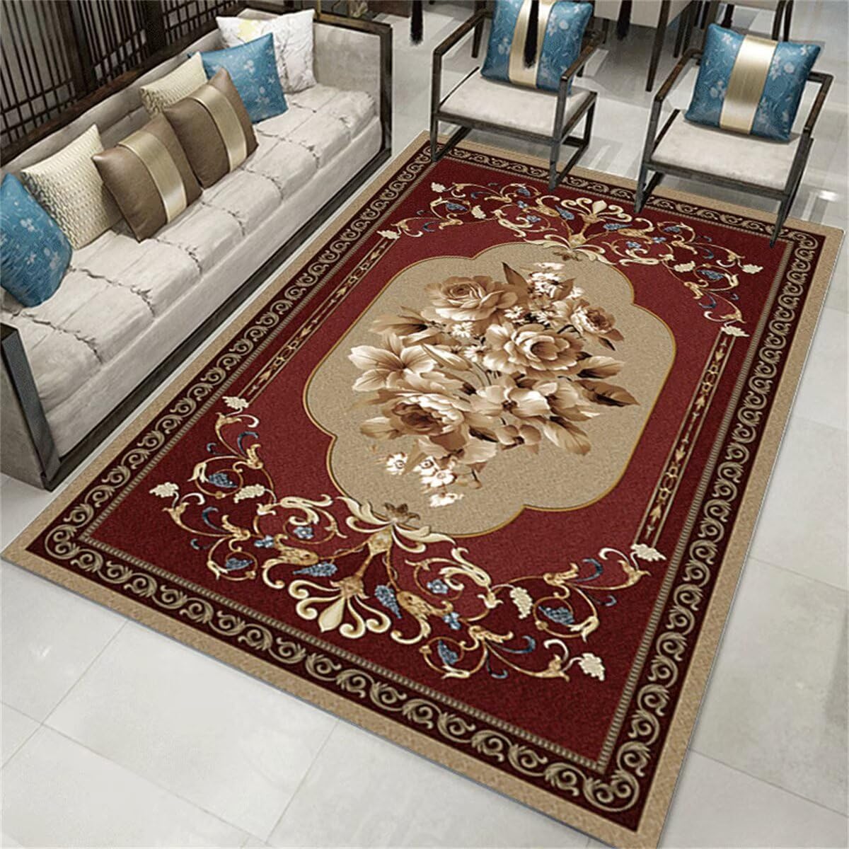 Tapis de chambre bébé fille 160x200cm cramoisi et grand tapis salon floral vintage
