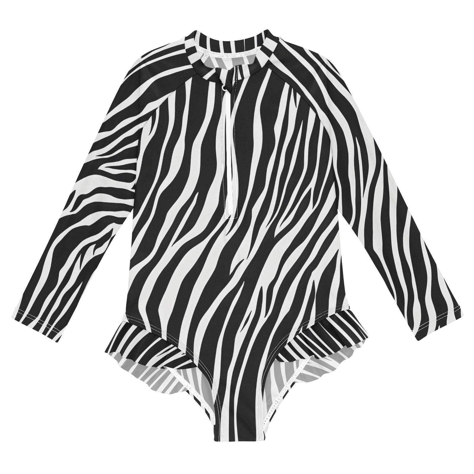 ALAZA Swimsuit for Girls Long Sleeve Rashguard Bathing Suit White Black Zebra-Stripe Quick Dry 4T