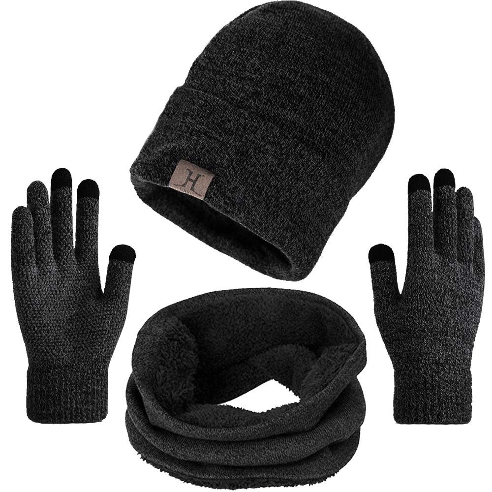 Conjunto Gorro Bufanda Guantes Hombre Mujer, Gorro de Invierno Braga Cuello con Forro Polar Guantes de Punto con Pantalla Táctil