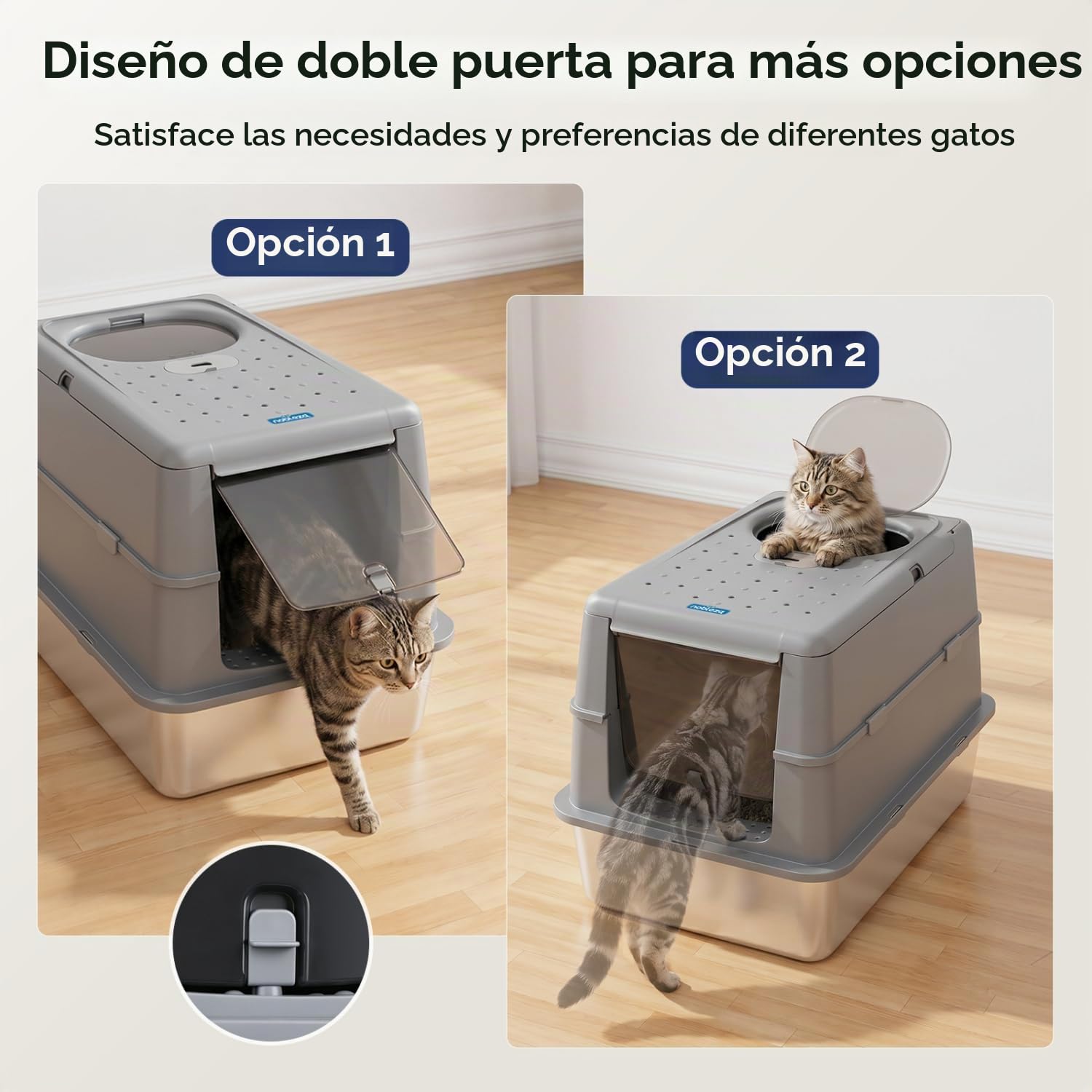 Nobleza Arenero de Acero Inoxidable para Gatos – Cerrado con Tapa Plegable y Doble Entrada – Resistente, Sin Olores, Fácil Limpieza – Ideal para Gatitos y Gatos Adultos