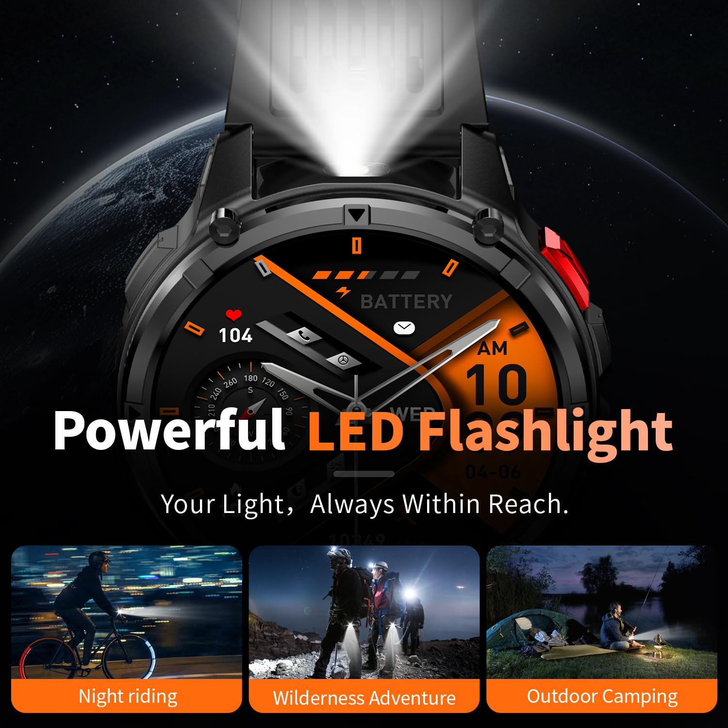 Mens Smart Watch for Android Phones and iPhone,Military Sport Smart Watches for Men Fitness Tracker Watch with Flashlight/Compass/Waterproof/100 Days Battery/Heart Rate/Sleep/100+ Sport Modes