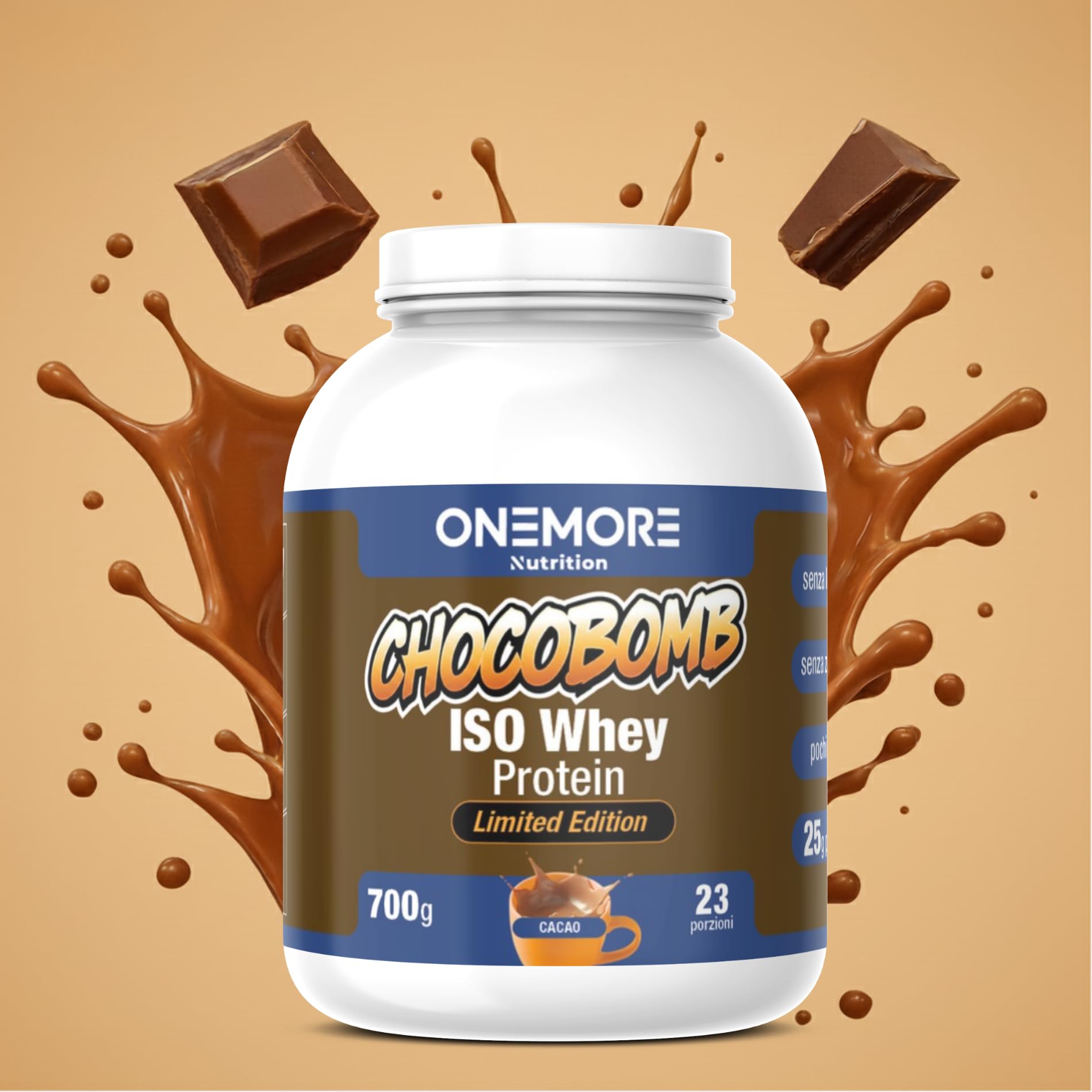 ONEMORE Chocobomb ISO Whey Protein Cioccolato - Proteine Isolate del Siero di Latte - Zero Zuccheri Aggiunti - Alta Digeribilità - Recupero Muscolare Post Workout