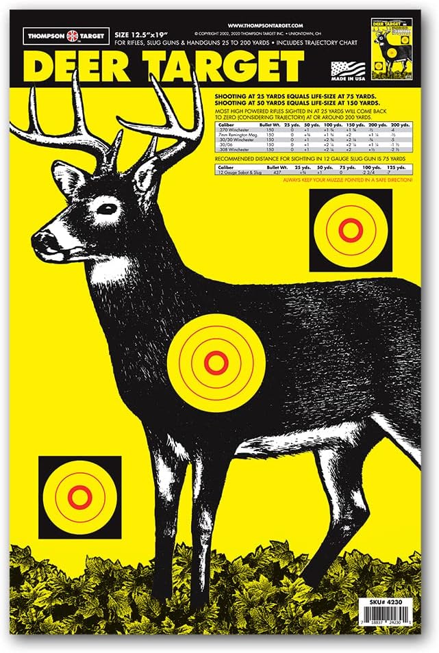Thompson Target Deer & Bullet Trajectory Chart Premium Ultra Bright Hunting Paper Shooting Targets for Range Training - Made in The USA