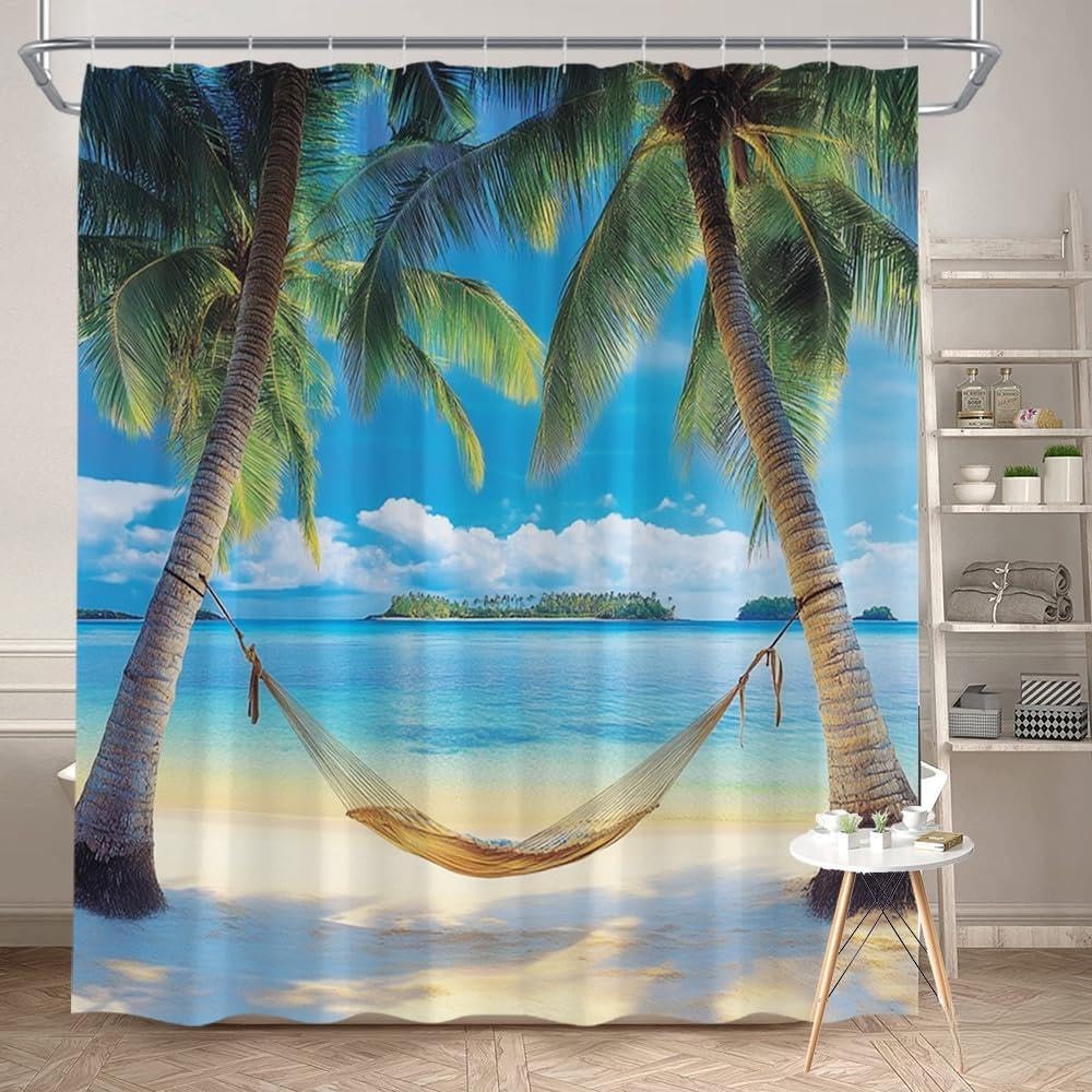 GLWDMB 1 Piece 150x180CM Tropical Palm Trees and Beach View Printed Shower Curtain With Hook, Polyester, for Windows And Walls, Bathtub, Bathroom, Machine Washable, All Season Universal