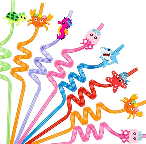 24 popotes de animales bajo el mar para recuerdos de fiesta en el mar, decoraciones de fiesta temática oceánica, popotes reutilizables de animales