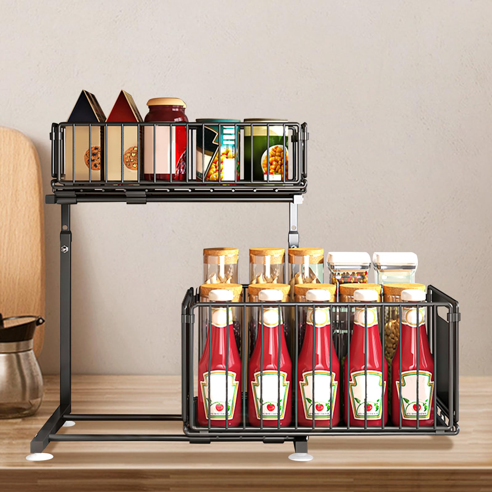 LANTUS Rangements sous Evier 2 Niveaux Organisateur Coulissant,Paniers Coulissants, Empilable,Étagères pour Placard Meuble Cuisine Salle Bain,26,5 x 38 x 48,5 cm (Noir)