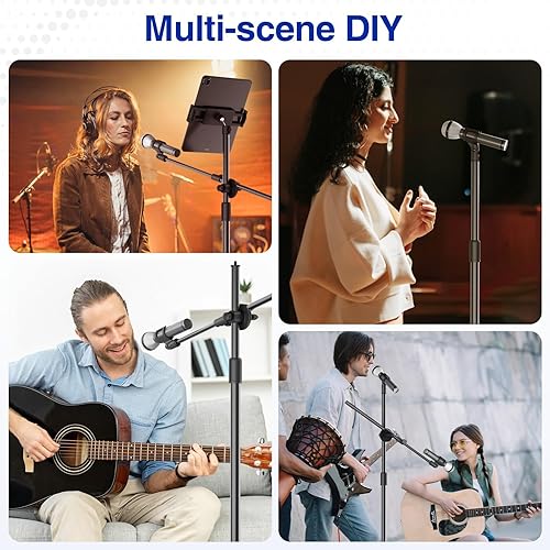 Miniatura 4 de Soporte de micrófono Boom, soporte para micrófono de suelo con soporte para teléfono y tableta, trípode de alta resistencia ajustable de altura y