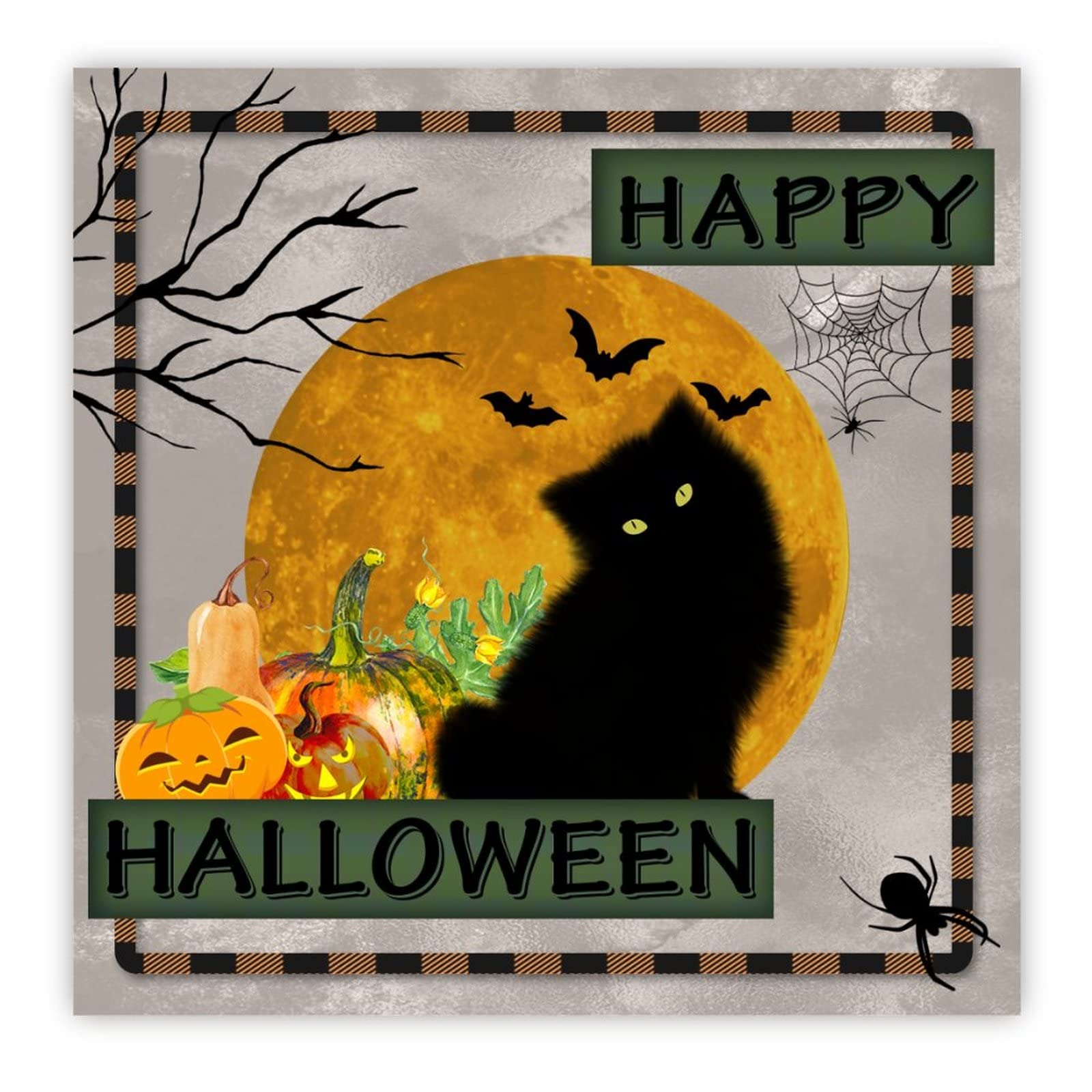 Panneau bois citrouille Happy Halloween chat noir déco murale 40cm