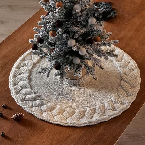 yuboo Boho Knitted Christmas Tree Skirt, 24 Inches Cream White Tree Skirt Braided Cable Knit Christmas Tree Skirt- Farmhouse Neutral Boho Christmas Decorations Cover