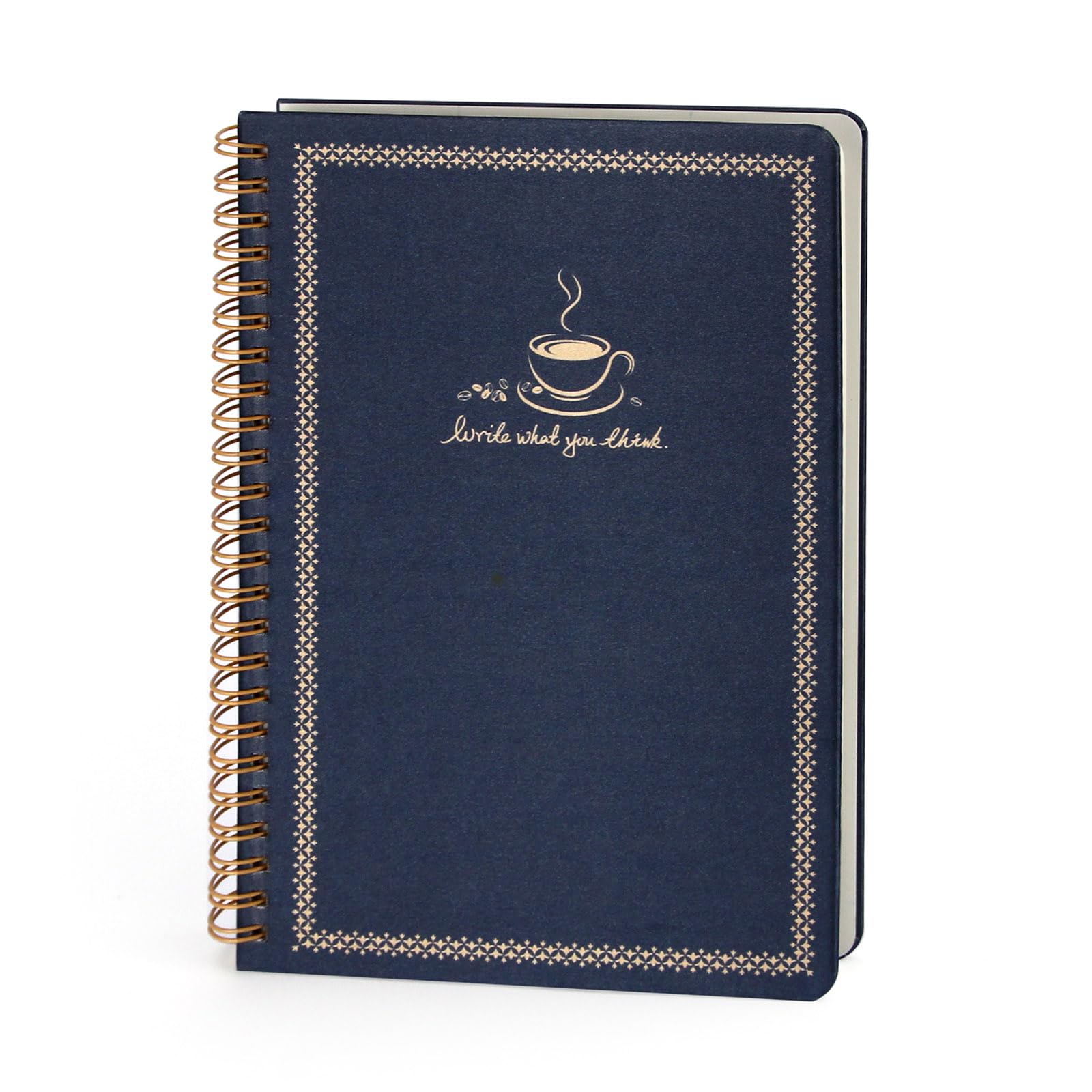 WETLOTE Spiral Notebook A5 Lined, 160 Pages, 80 gsm – Fabric Cover with Gold-Coloured Print (Floral, Feather or Coffee Cup Design), Notebook for School, Office & Travel