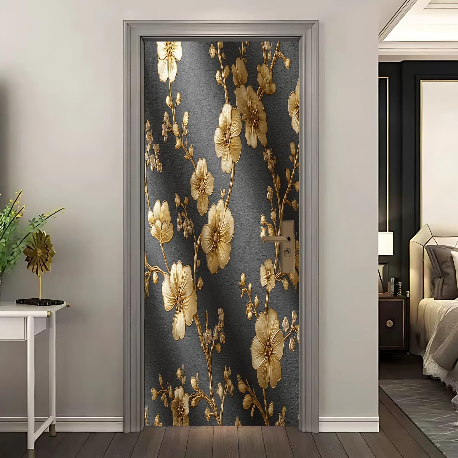 Sticker de porte 3D relief floral doré 90x200cm gris auto-adhésif