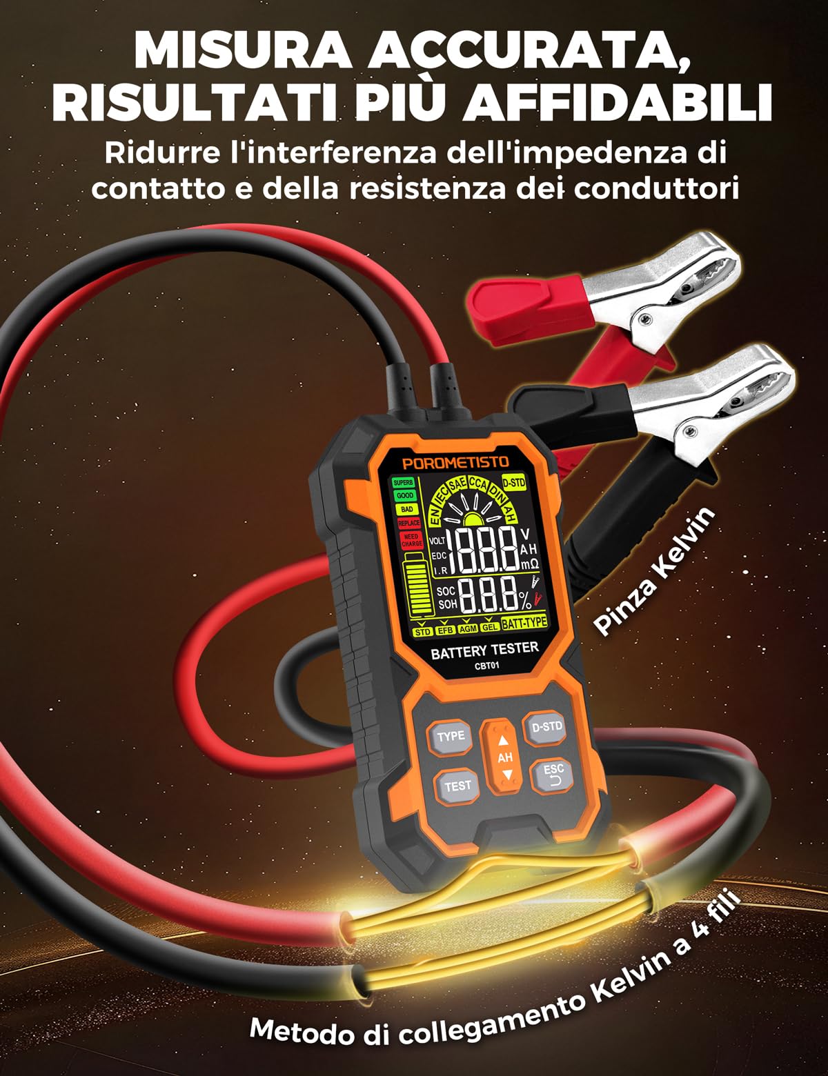 Tester Batteria Auto 12v/24v Professionale, Tester per batterie auto 50-1999 CCA,Tester Batterie per Veicoli/Auto/Moto/SUV,Può Misurare Tensione,Resistenza Interna,CCA, SOC,SOH