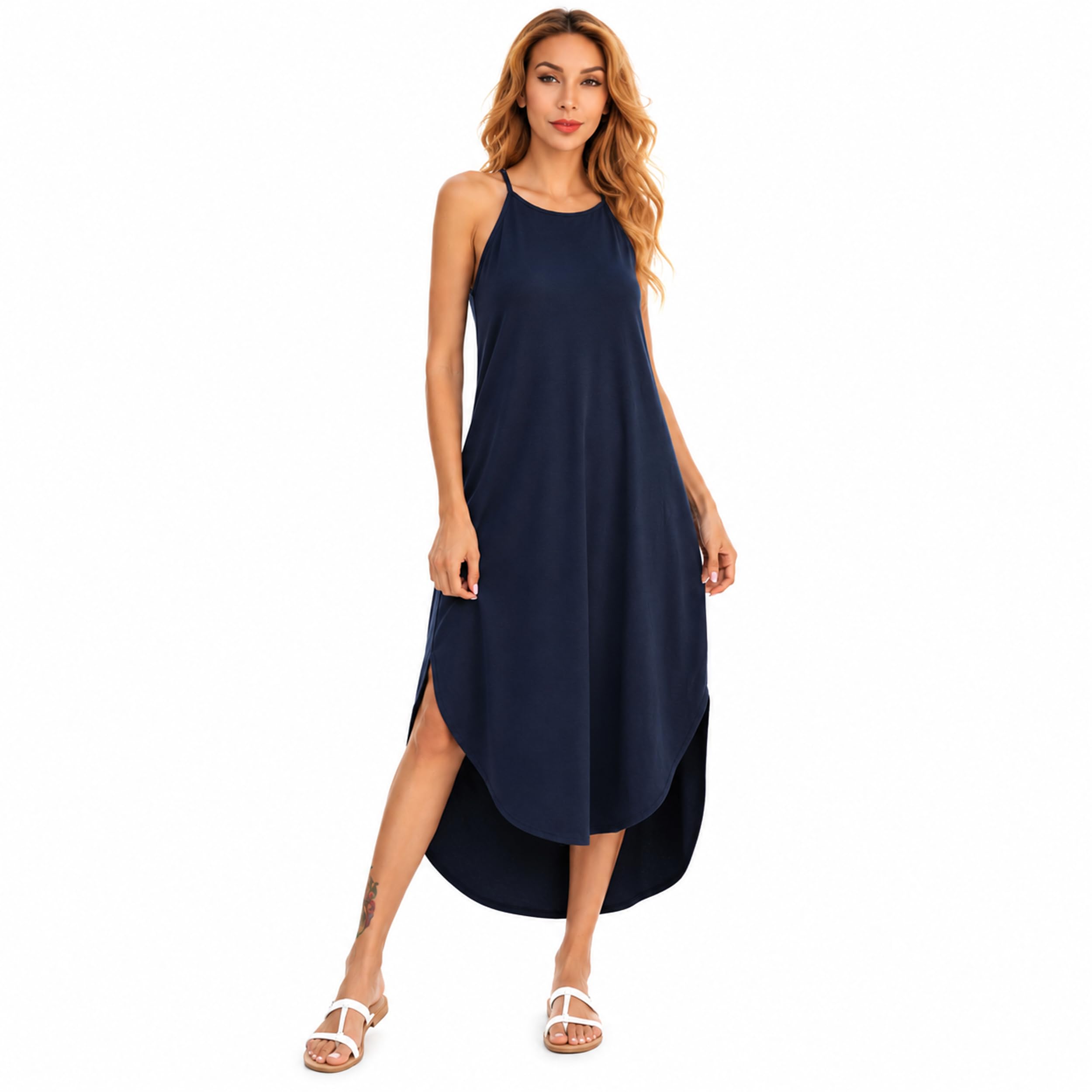 Es-Uk Women's 2009 - Navy Sleeveless Maxi Dress Casual Loose Fit Swing Dress Spaghetti Strap Summer Midi Dress With Side Split Beach Holiday Sundress (Navy, Xl)