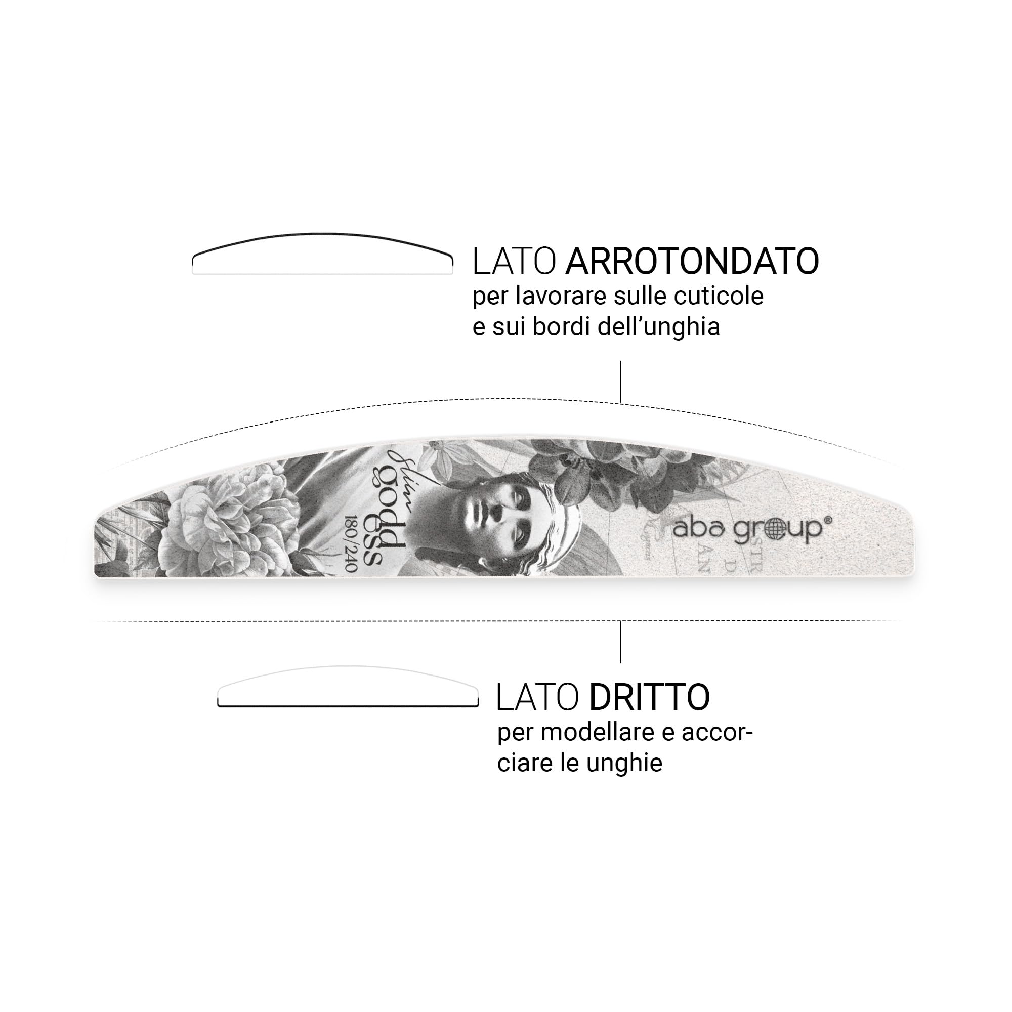ABA GROUP Goddess - Lima per unghie, 180/240-500 pezzi, con mezzaluna, spessore 2 mm, strumenti professionali per unghie in gel e naturali, lime per unghie in gel, frecce su due lati, set per unghie