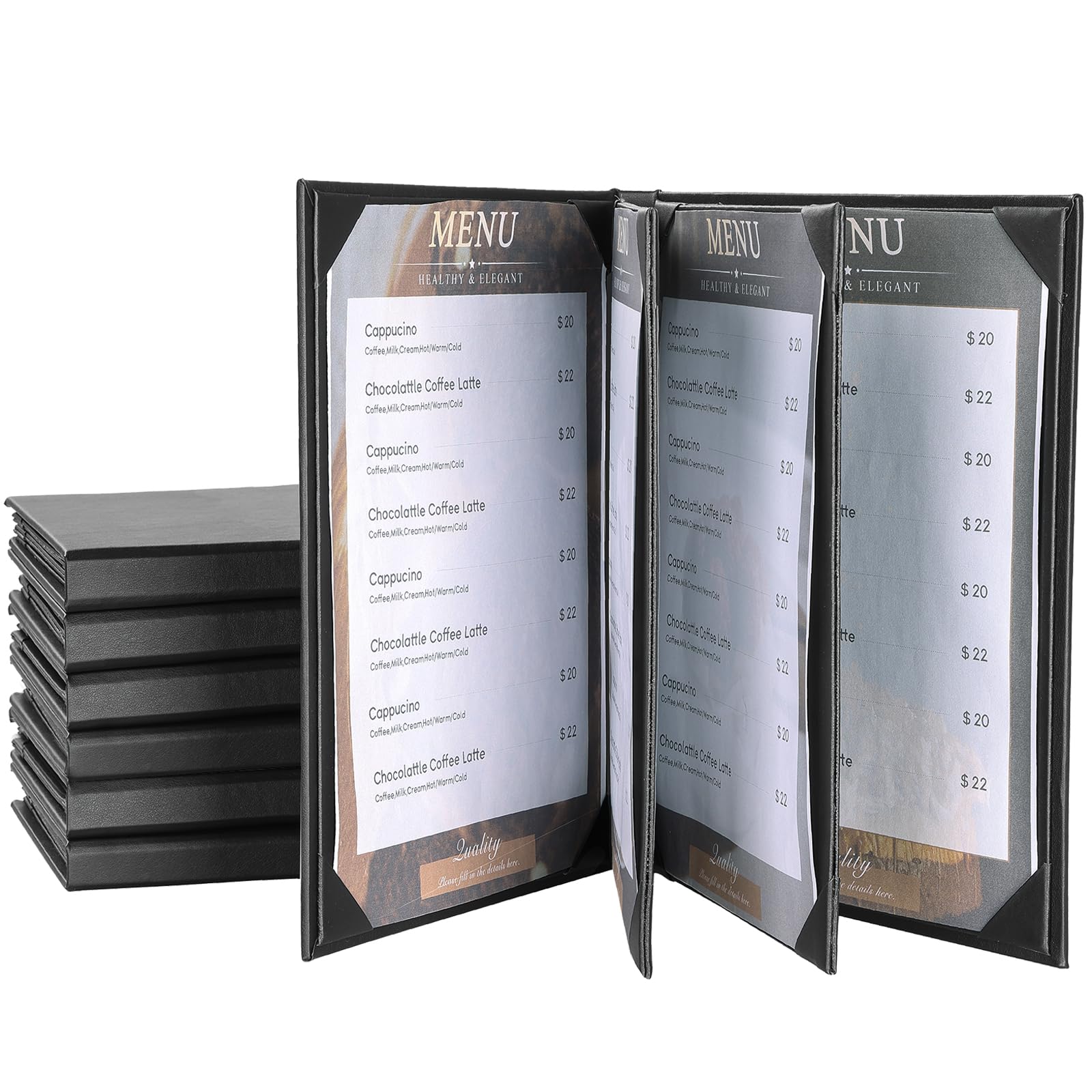 AMGSH 6 Pack Menu Holder Menu Covers 8.5" x 11" | 6 View Black Leather Restaurant Menu Holders Menu Sleeves Book Style for Restaurant Coffee Bars Wine List (6 Pack 6 View ）